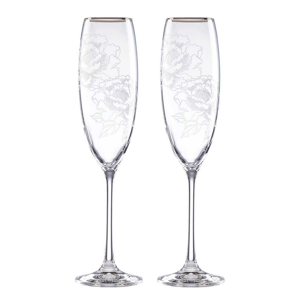 Elegant Crystal Toasting Flutes with Peony Etching | Silver Peony