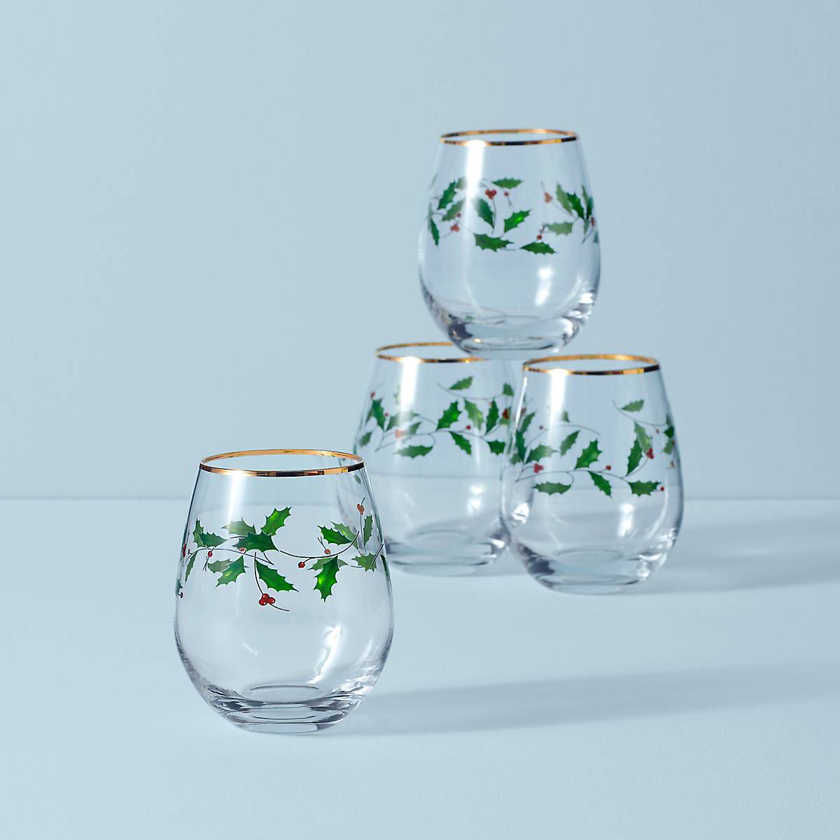 Holiday Stemless Wine Glasses Set of 4 with Holly Leaf Design