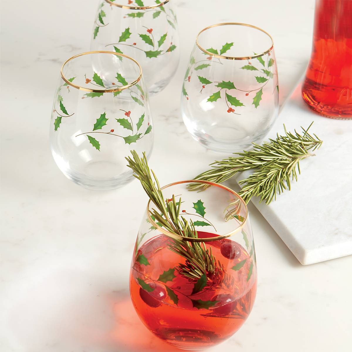Holiday Stemless Wine Glasses Set of 4 with Holly Leaf Design