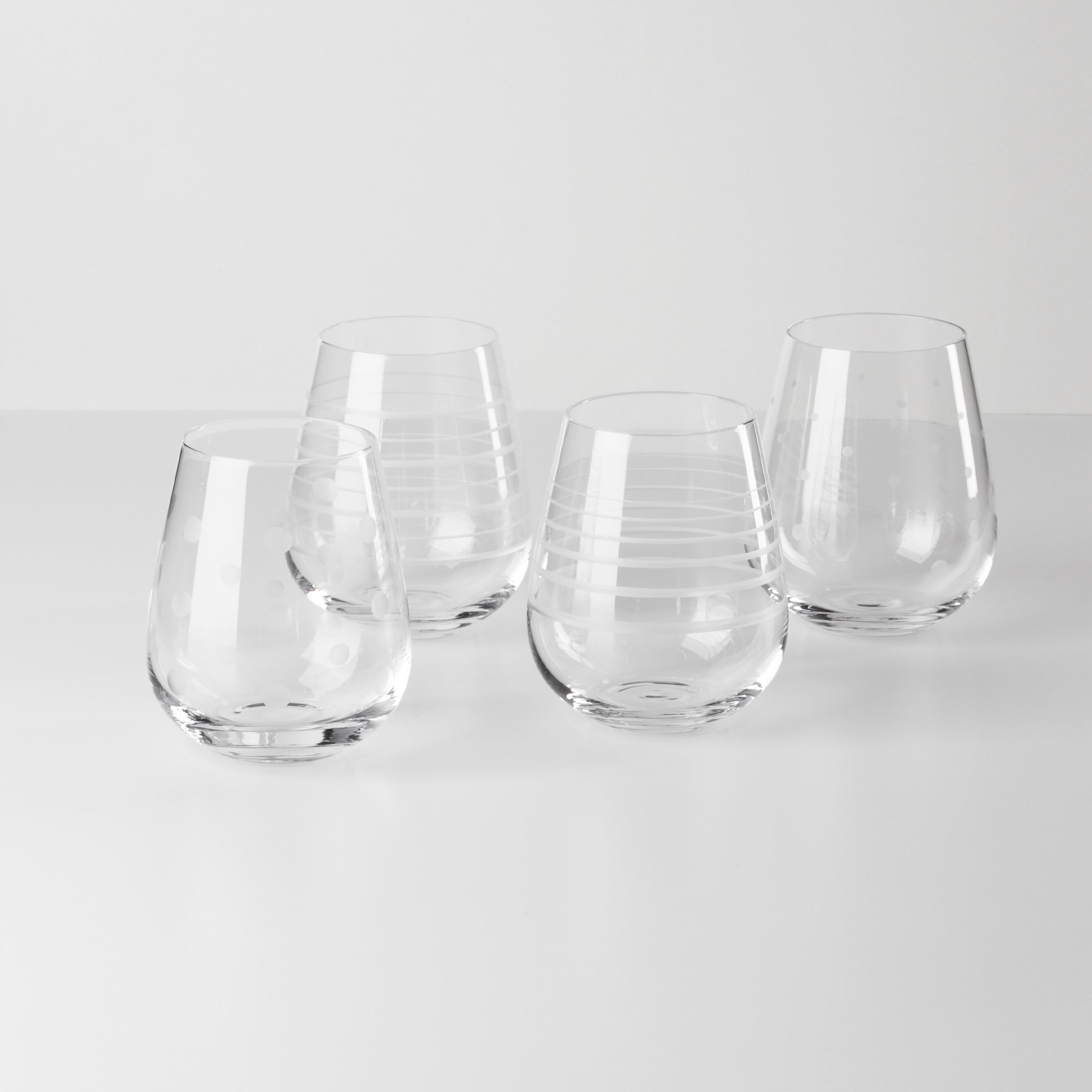 Stemless Wine Glasses Set of 4 with Etched Design | Mingle