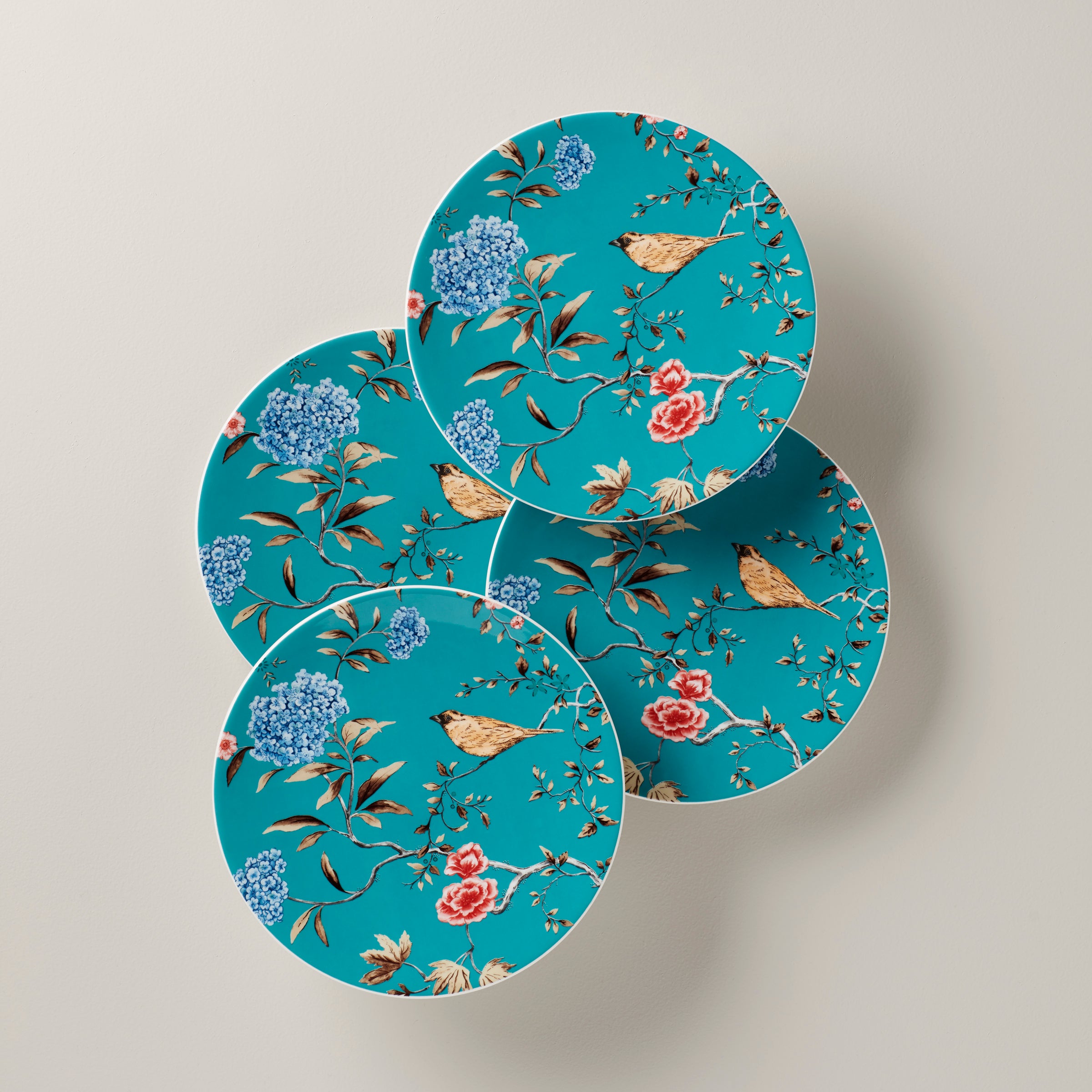 Turquoise Accent Plates Set of 4 with Floral & Bird Design | Sprig & Vine