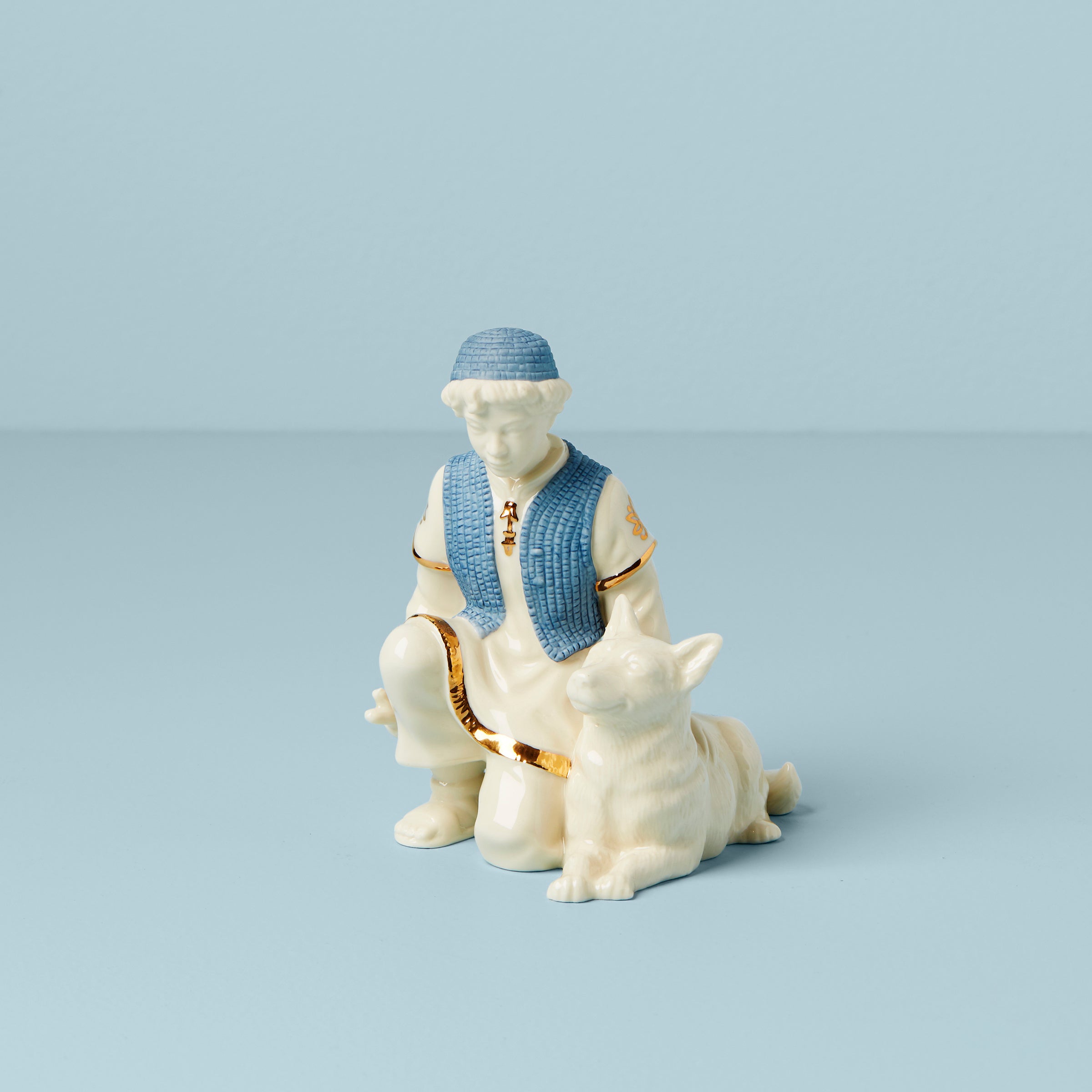 Nativity Shepherd & Dog Figurine with Gold Accents | First Blessing