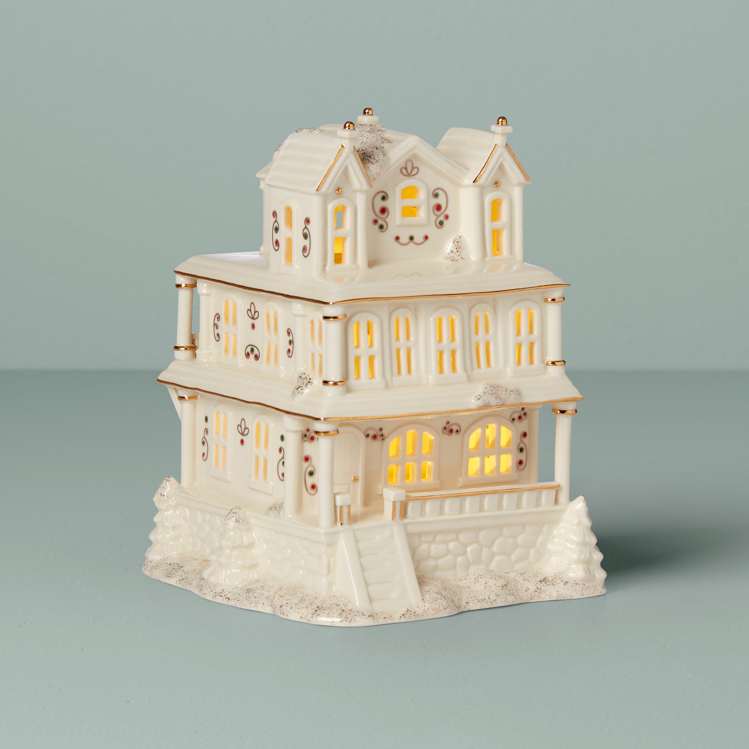 Light-Up Victorian House Figurine with Gold Accents | Mistletoe Park