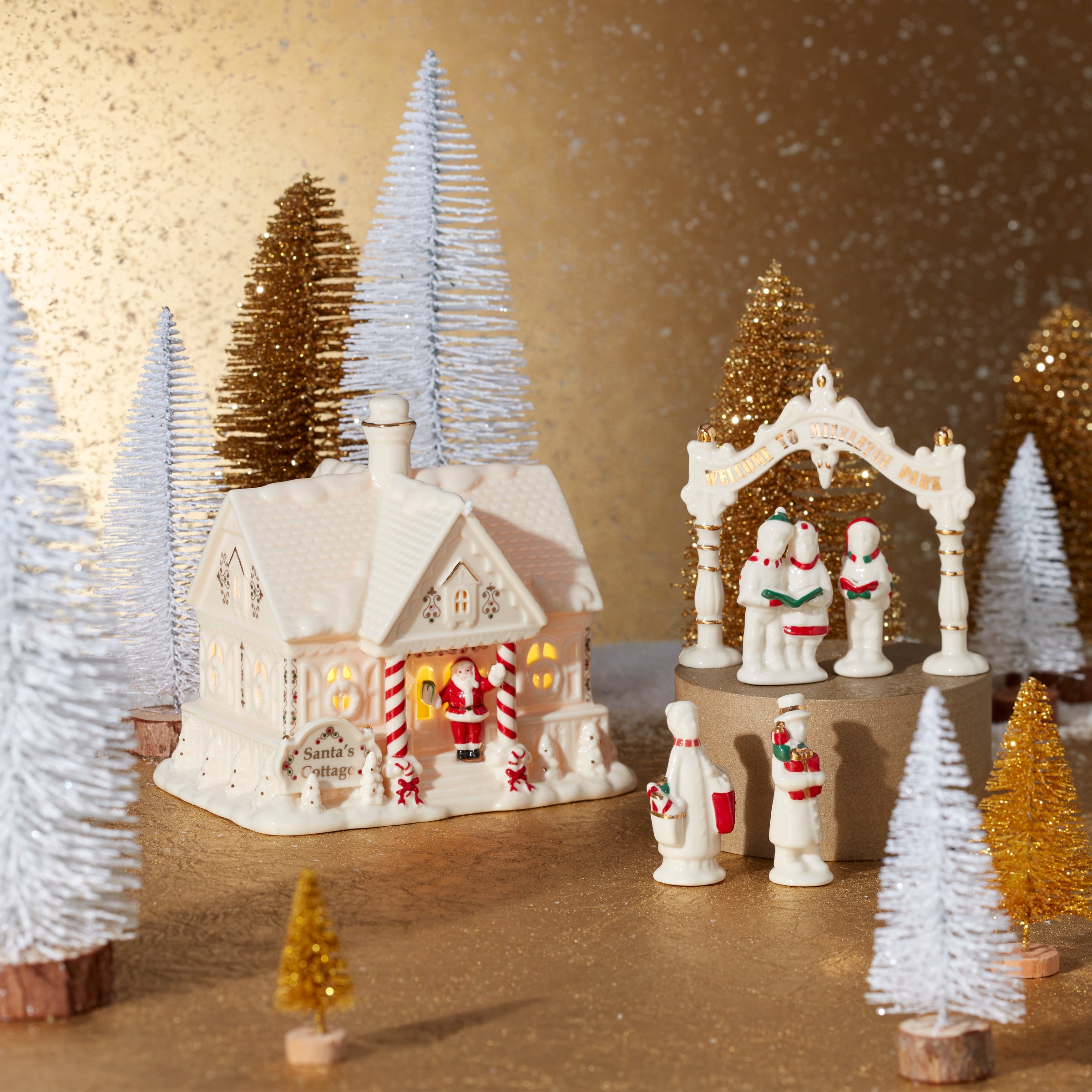 Porcelain Christmas Village Set with Light-Up Cottage & Carolers | Mistletoe Park