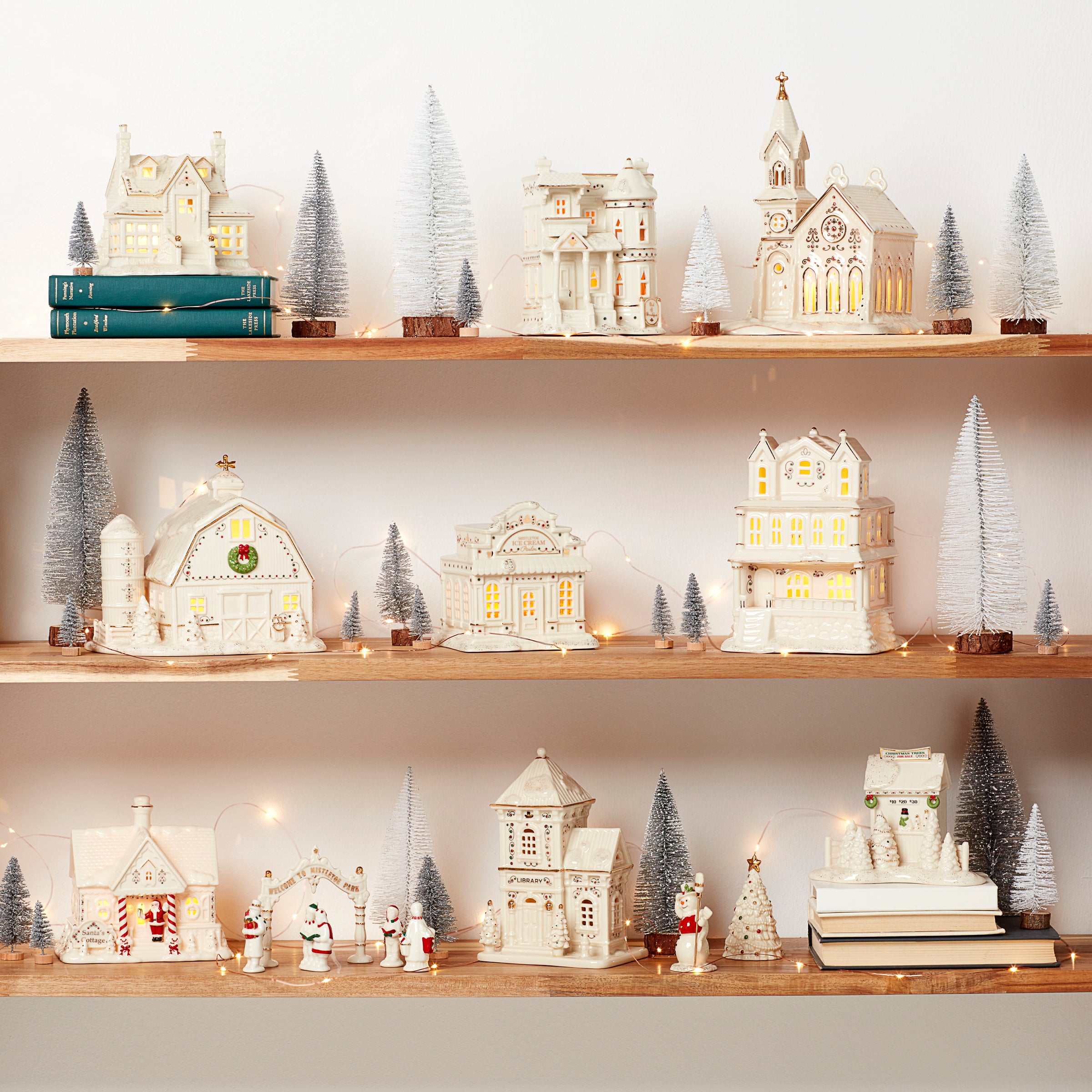 Porcelain Christmas Village Set with Light-Up Cottage & Carolers | Mistletoe Park