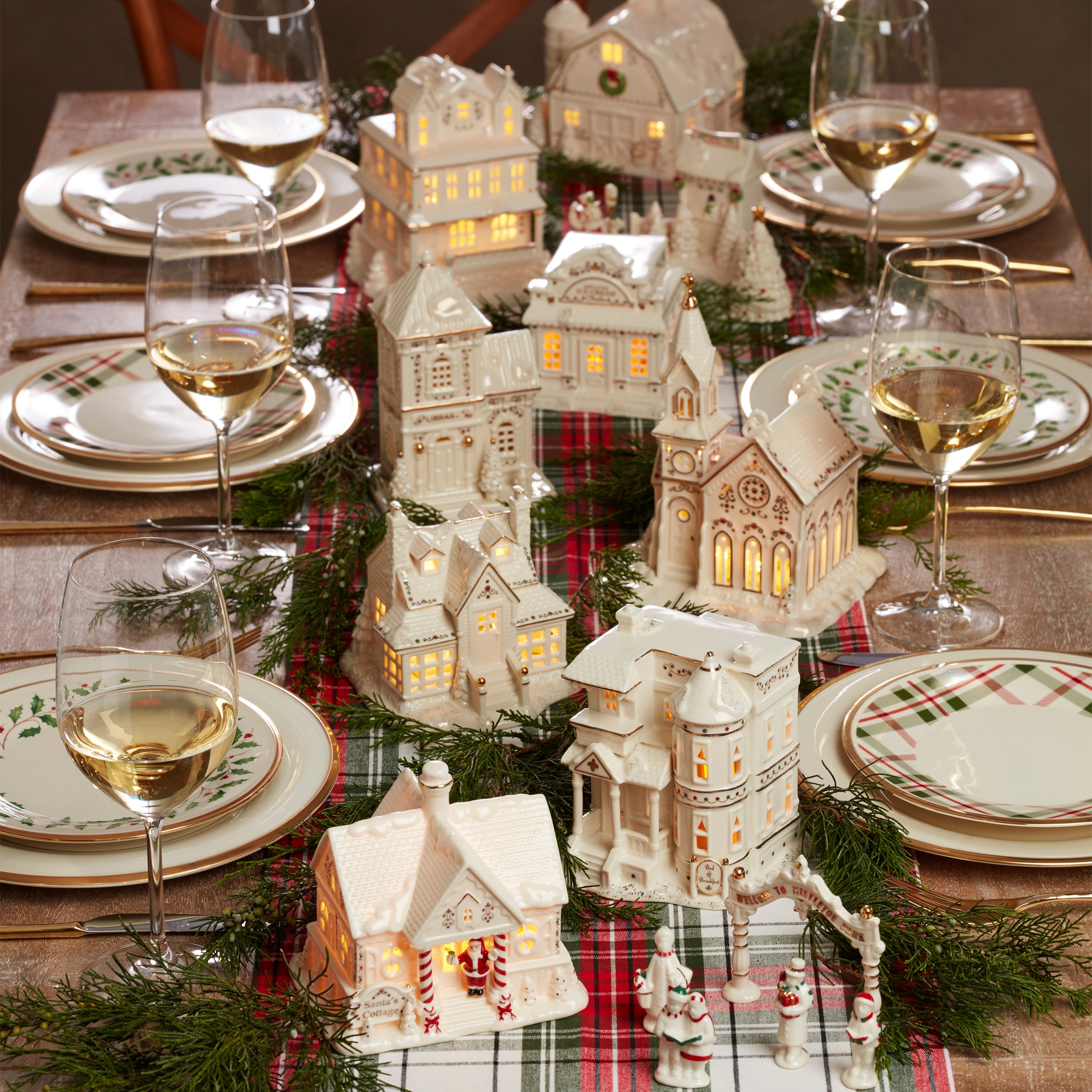 Porcelain Christmas Village Set with Light-Up Cottage & Carolers | Mistletoe Park