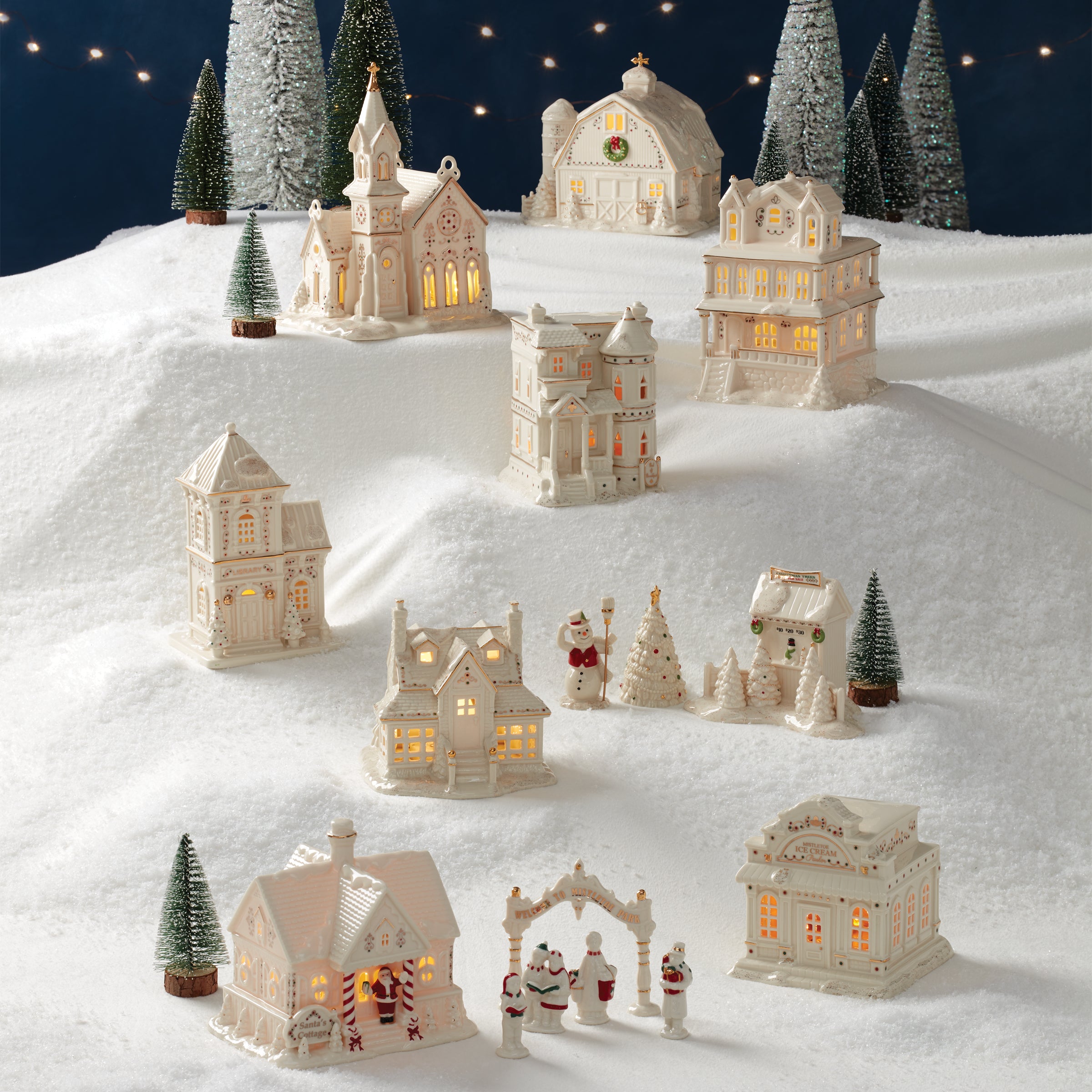 Porcelain Christmas Village Set with Light-Up Cottage & Carolers | Mistletoe Park