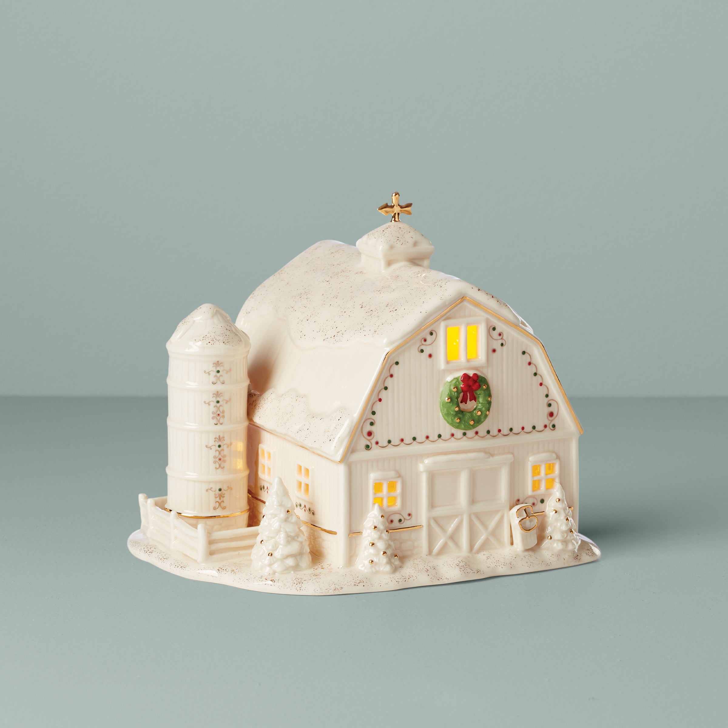 Glowing Christmas Barn Figurine with Gold Accents | Mistletoe Park