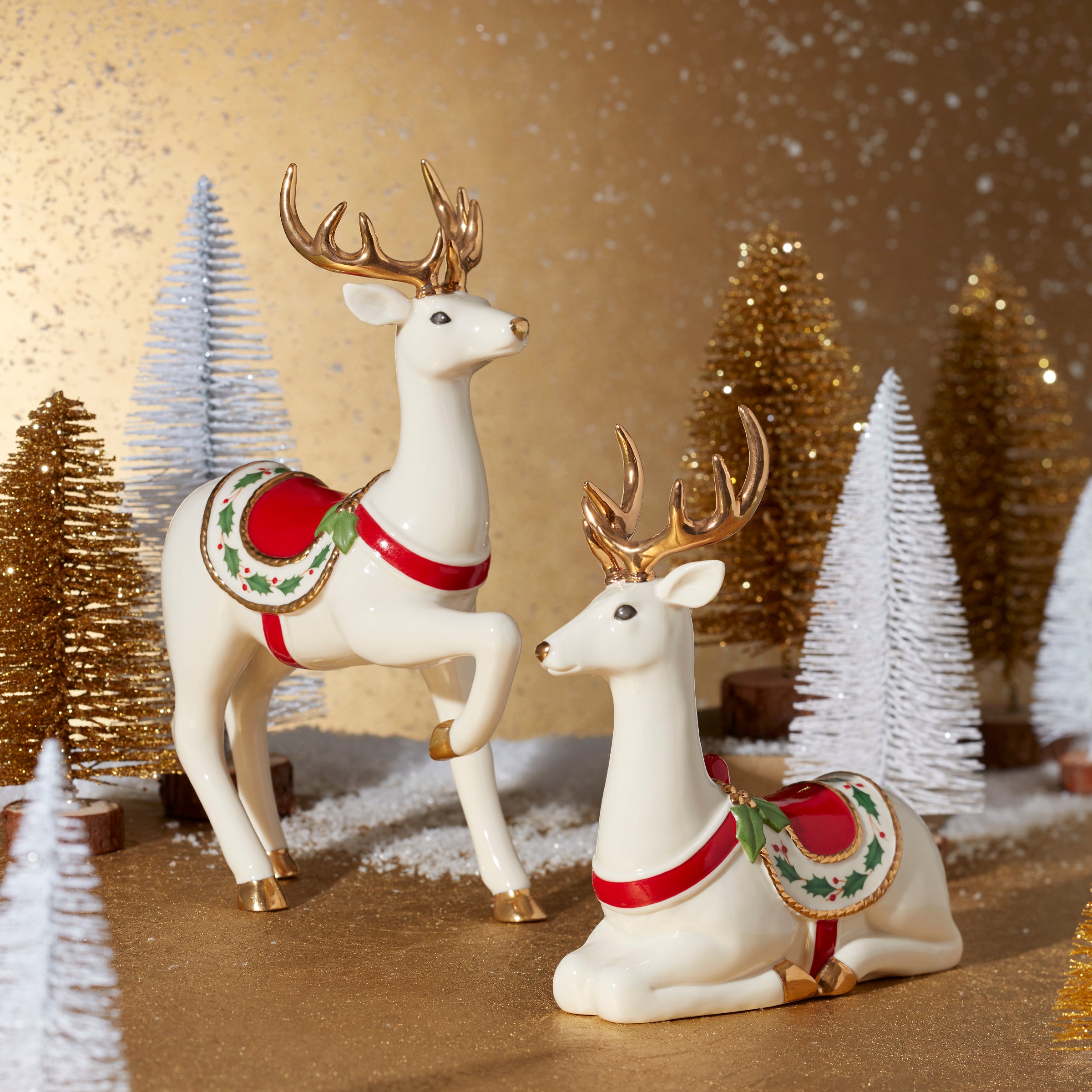 Festive Sitting Reindeer Figurine with Holly Saddle | Holiday Decor