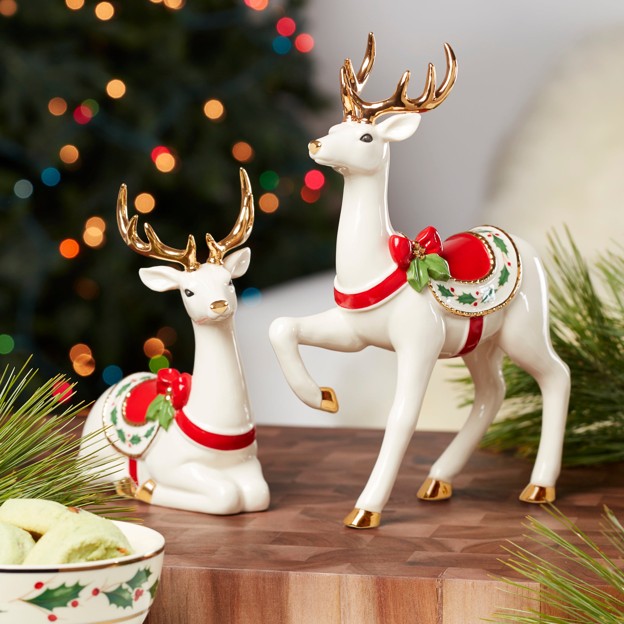 Festive Sitting Reindeer Figurine with Holly Saddle | Holiday Decor