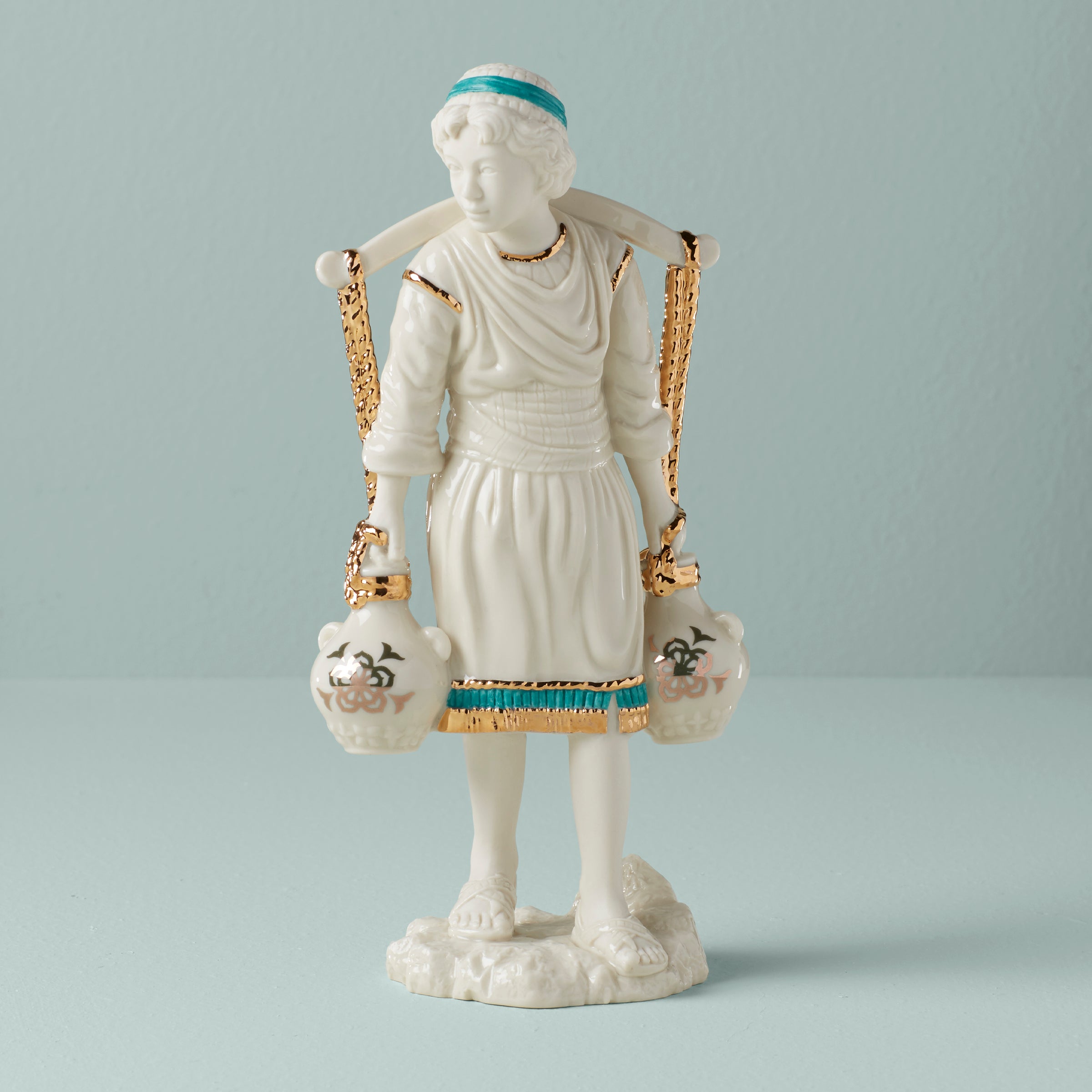 Ceramic Water Boy Figurine with Teal & Gold Accents | First Blessing