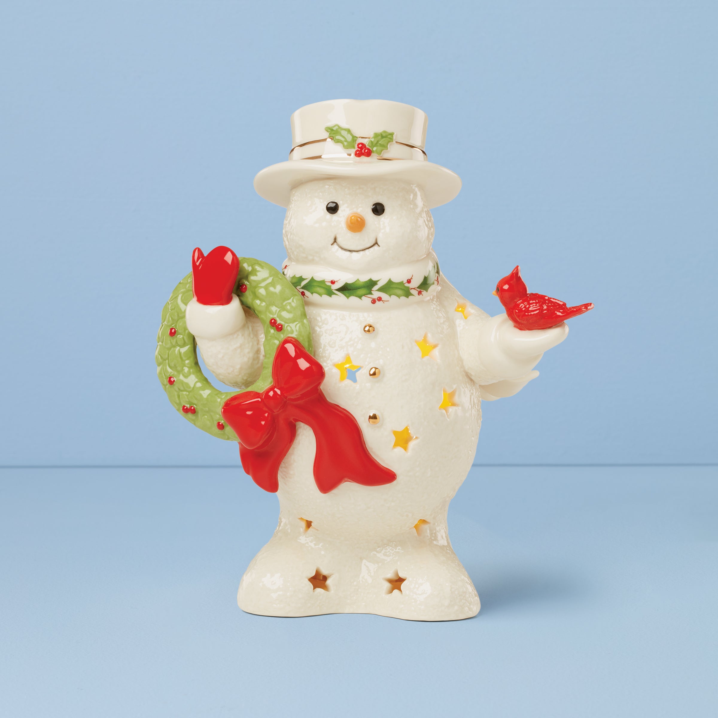 Snowman Figurine with Wreath & Gold Accents | Happy Holly Days