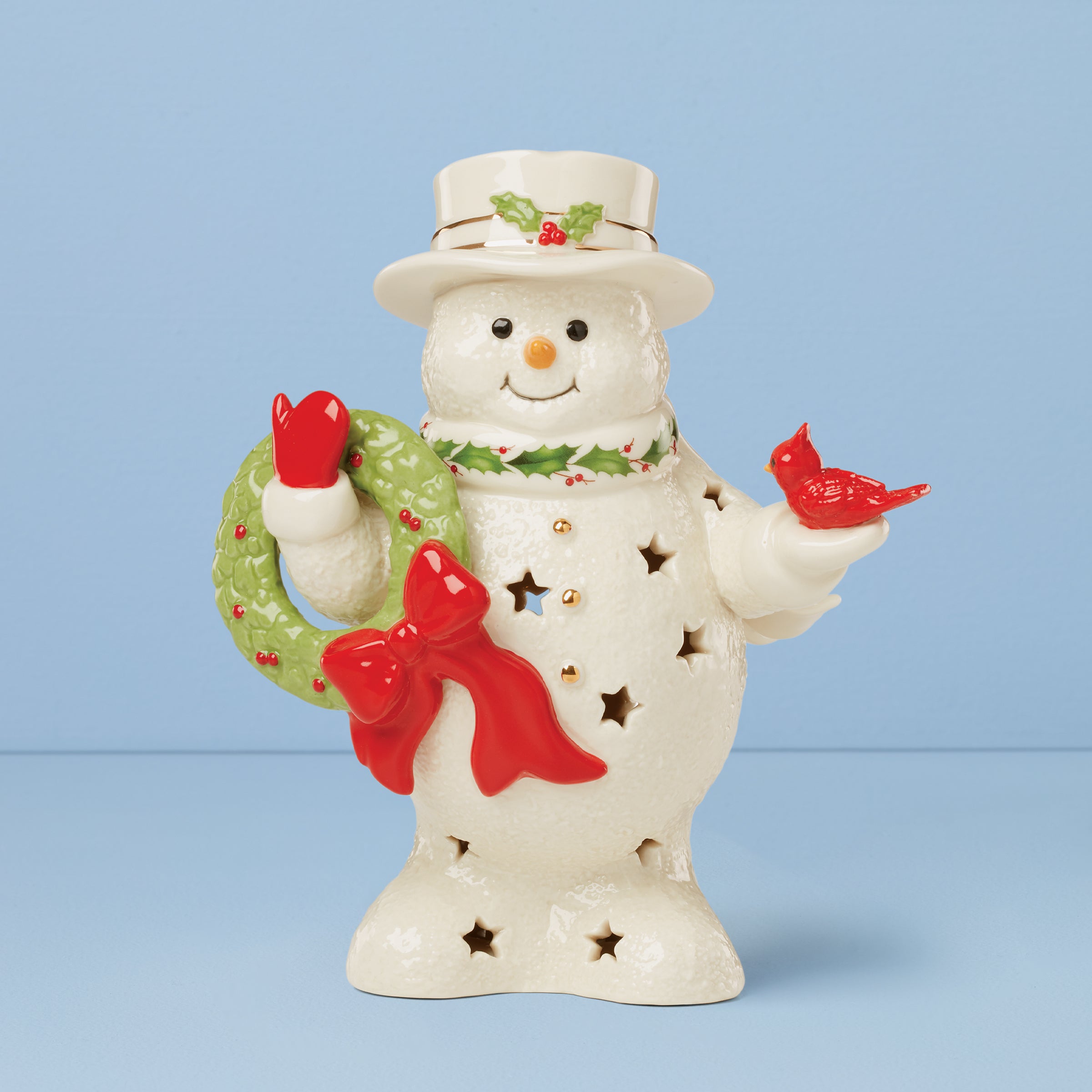Snowman Figurine with Wreath & Gold Accents | Happy Holly Days