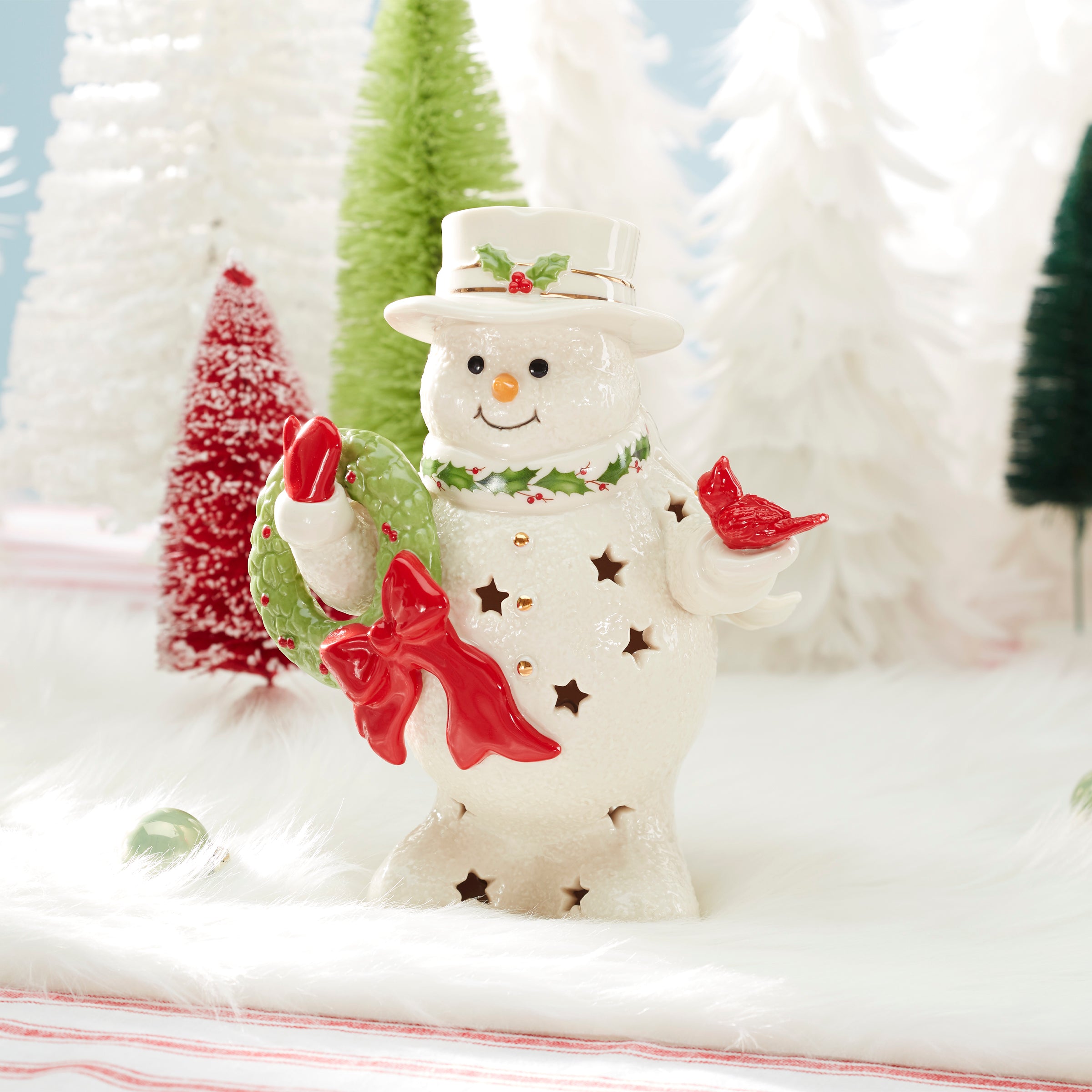Snowman Figurine with Wreath & Gold Accents | Happy Holly Days