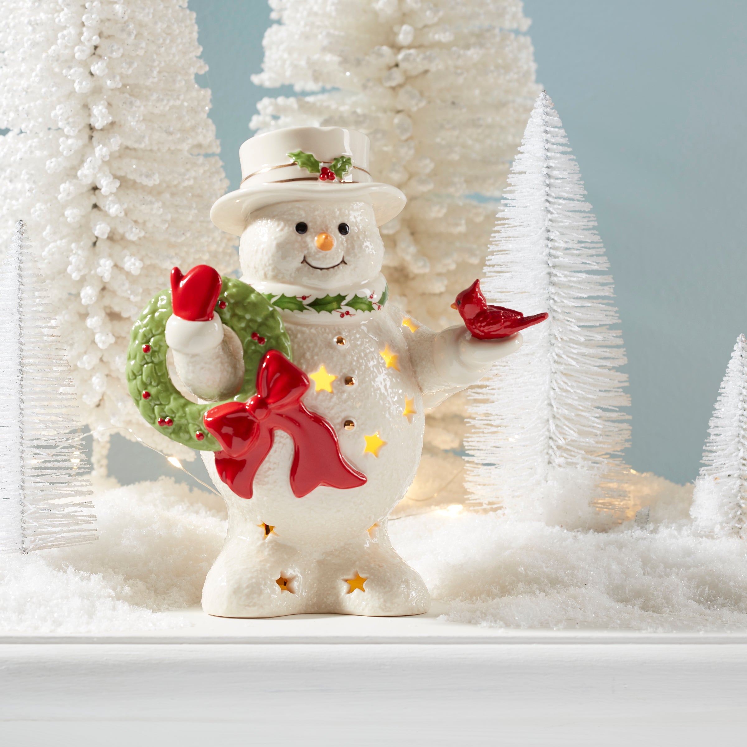 Snowman Figurine with Wreath & Gold Accents | Happy Holly Days