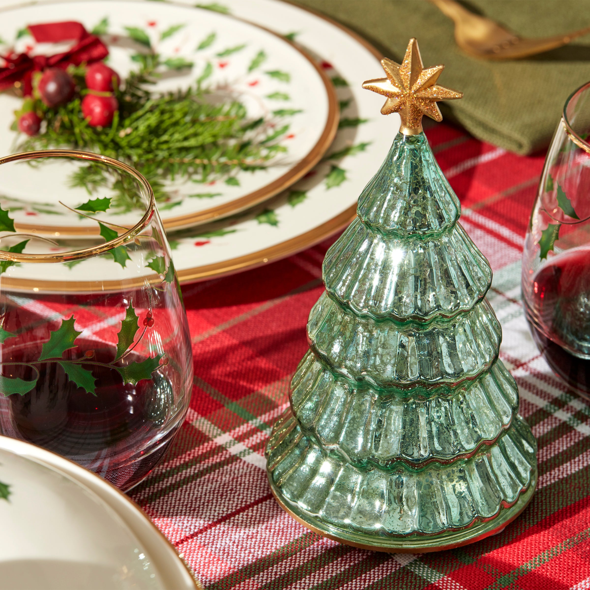 Lit Pine Tree Figurine with Golden Star | Radiant Light Glow