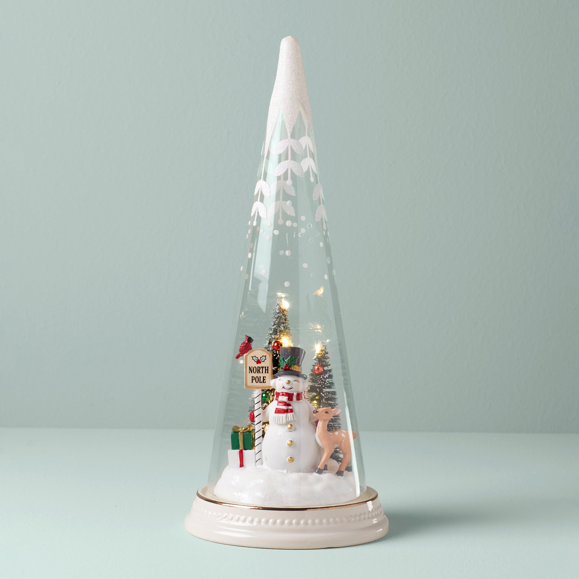 Lit Christmas Cone with Snowman Scene | North Pole Decor