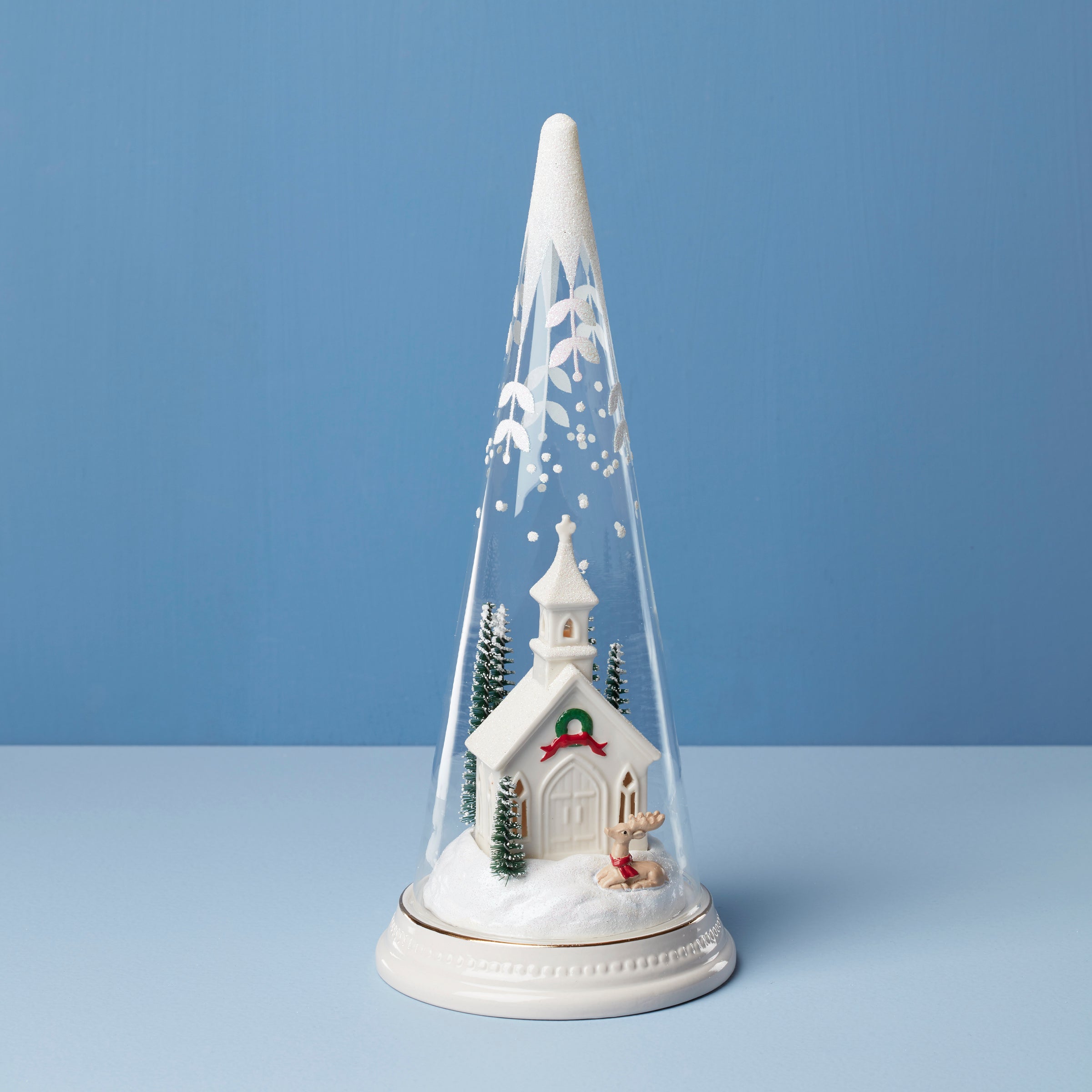 Lit Christmas Cone with Snowy Church Scene | Holiday Decor