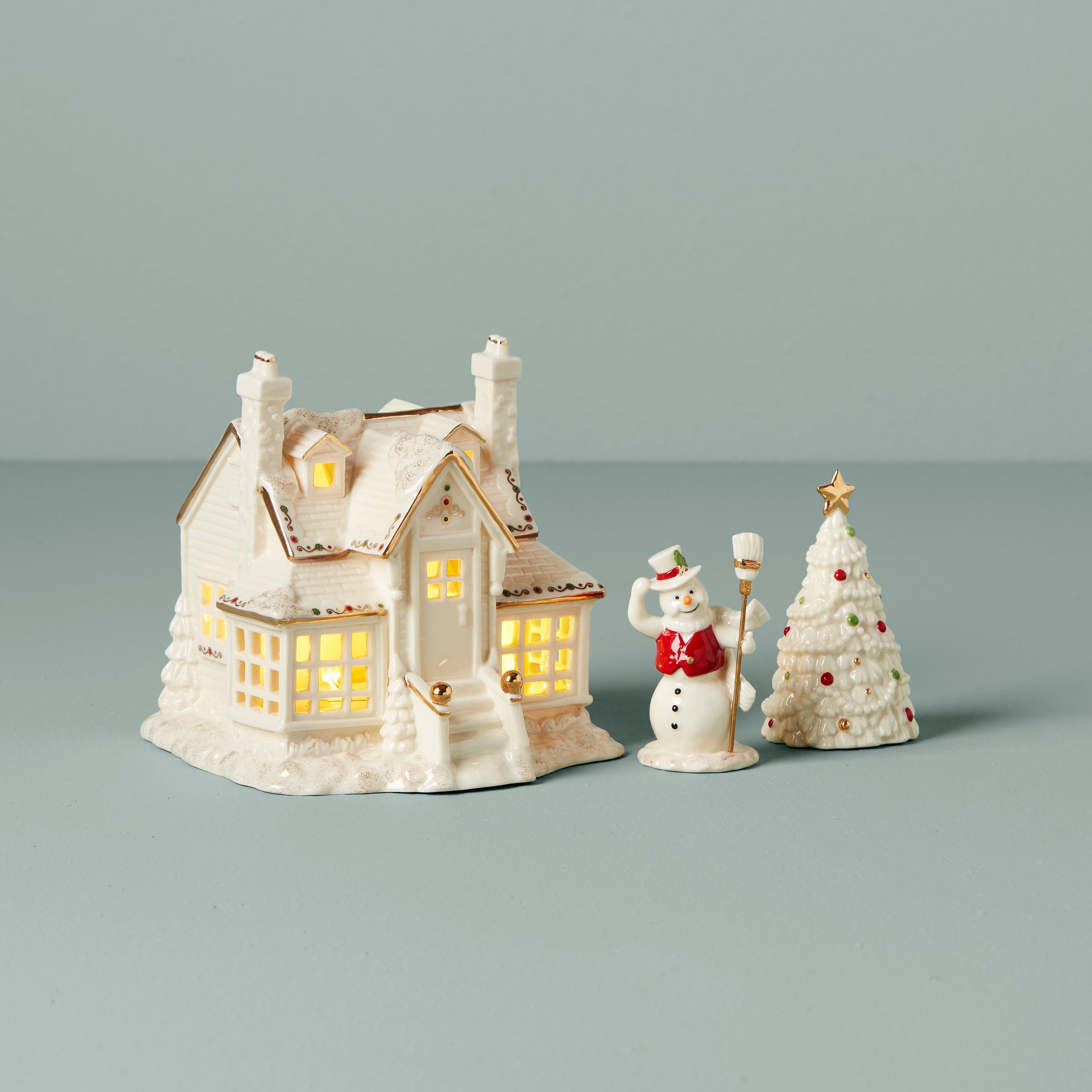 Porcelain Christmas Village Set with Light-Up Cottage | Mistletoe Park