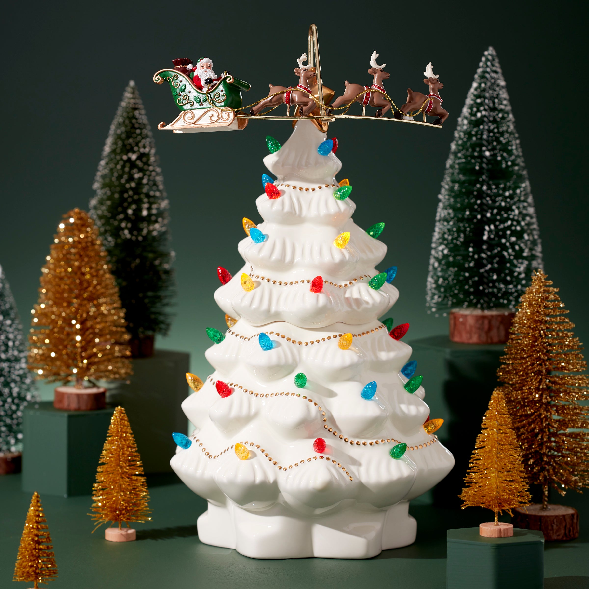 Ceramic Christmas Tree with Santa Sleigh & Gold Star | Treasured Traditions