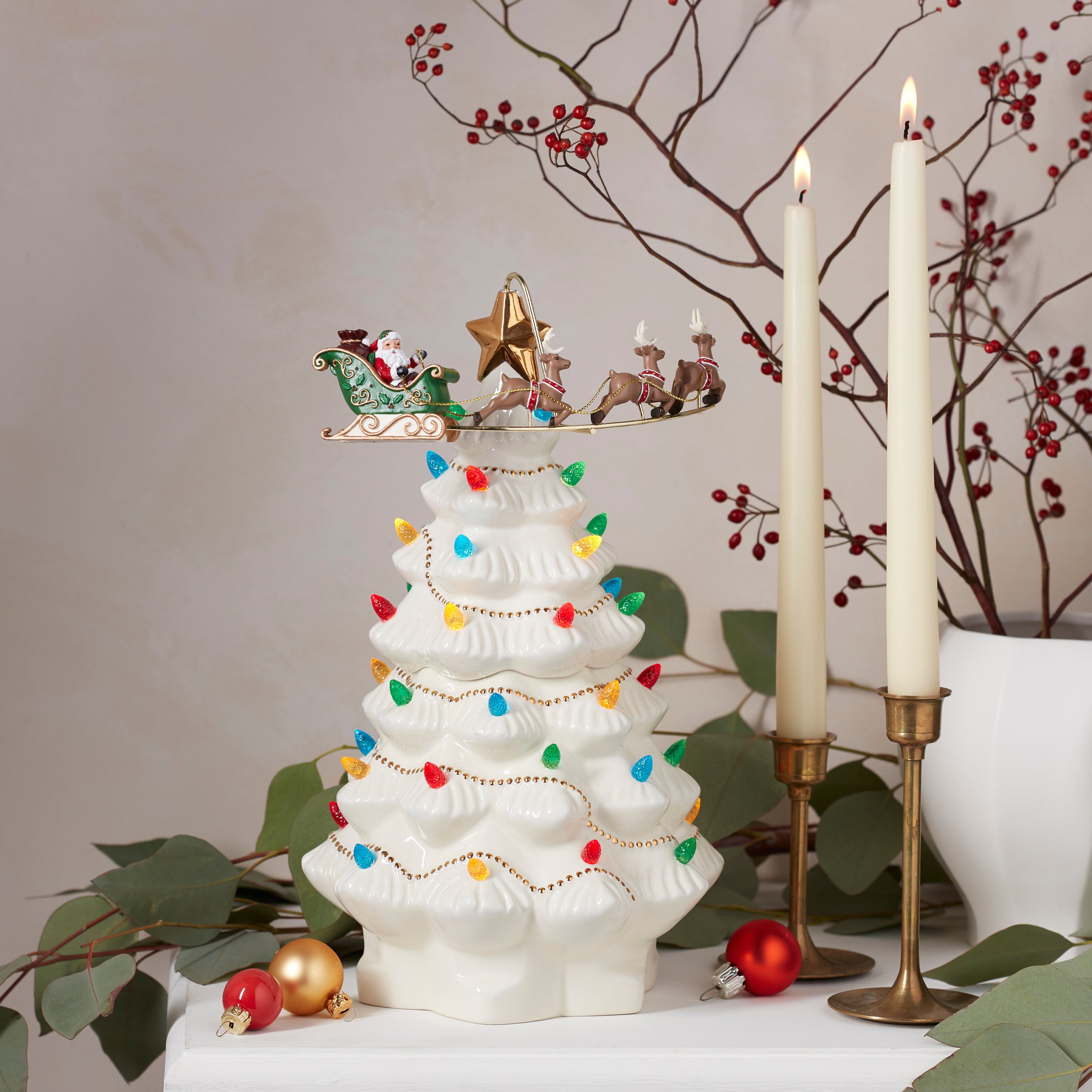 Ceramic Christmas Tree with Santa Sleigh & Gold Star | Treasured Traditions
