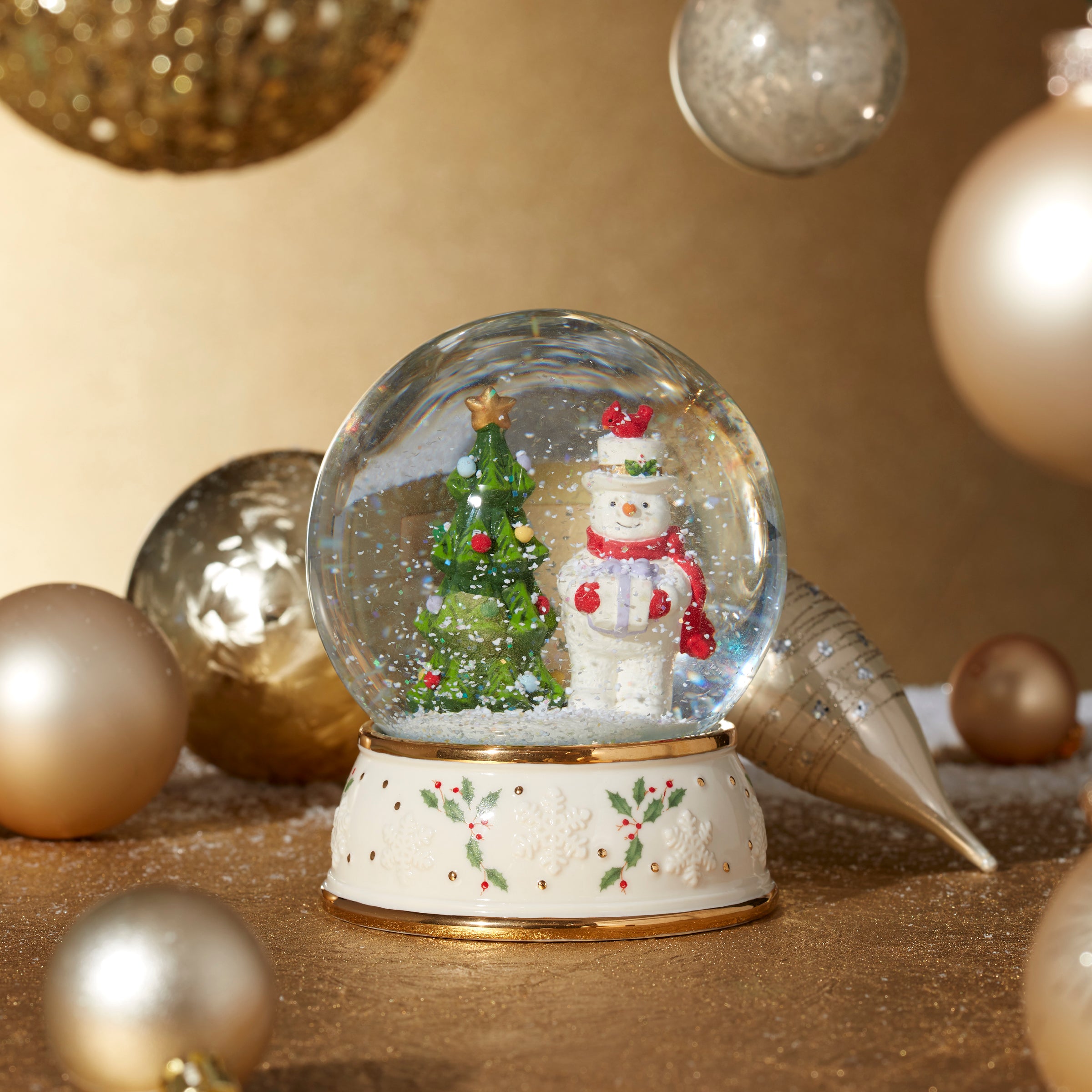 Whimsical Snow Globe with Snowman & Holly Decor | Happy Holly Days