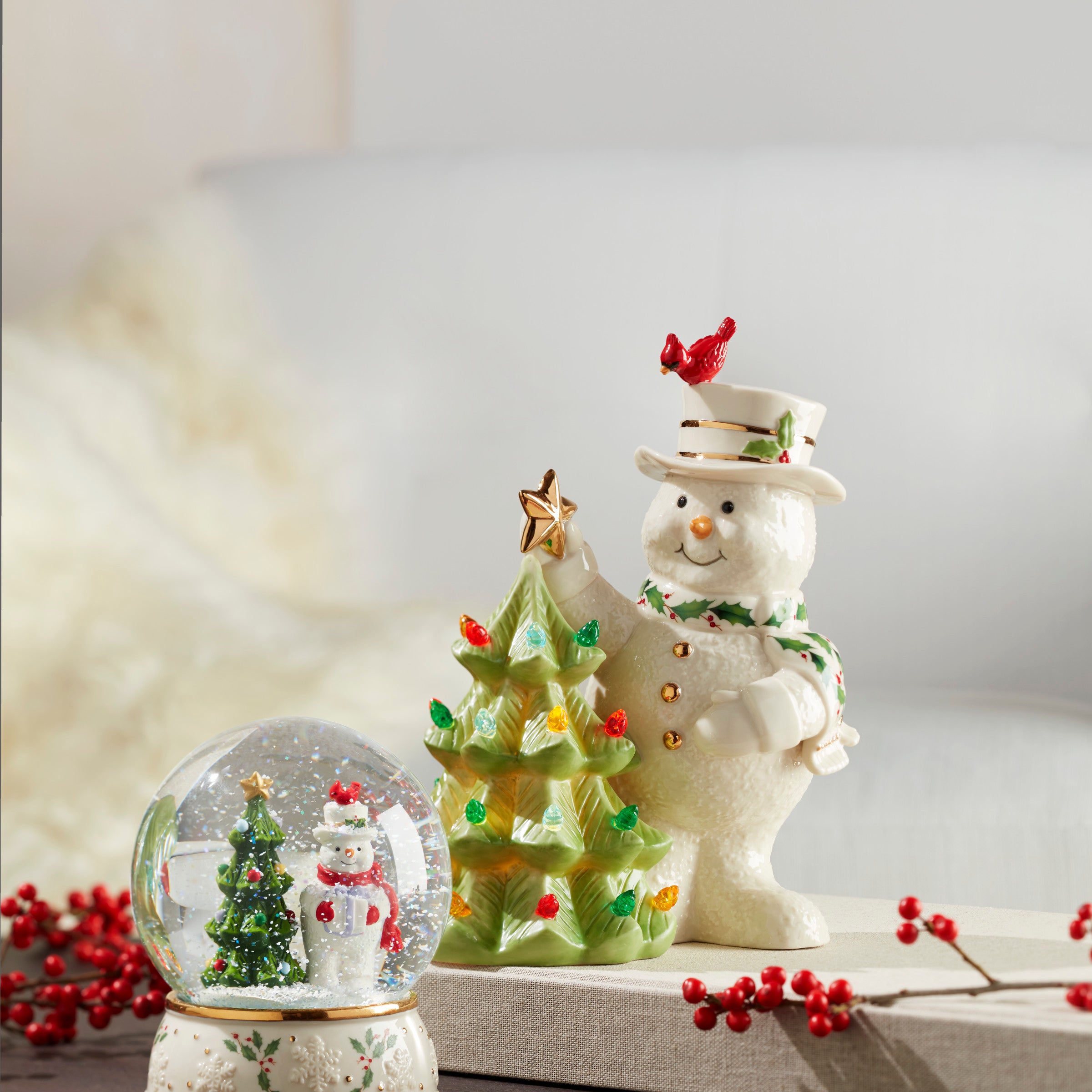 Whimsical Snow Globe with Snowman & Holly Decor | Happy Holly Days