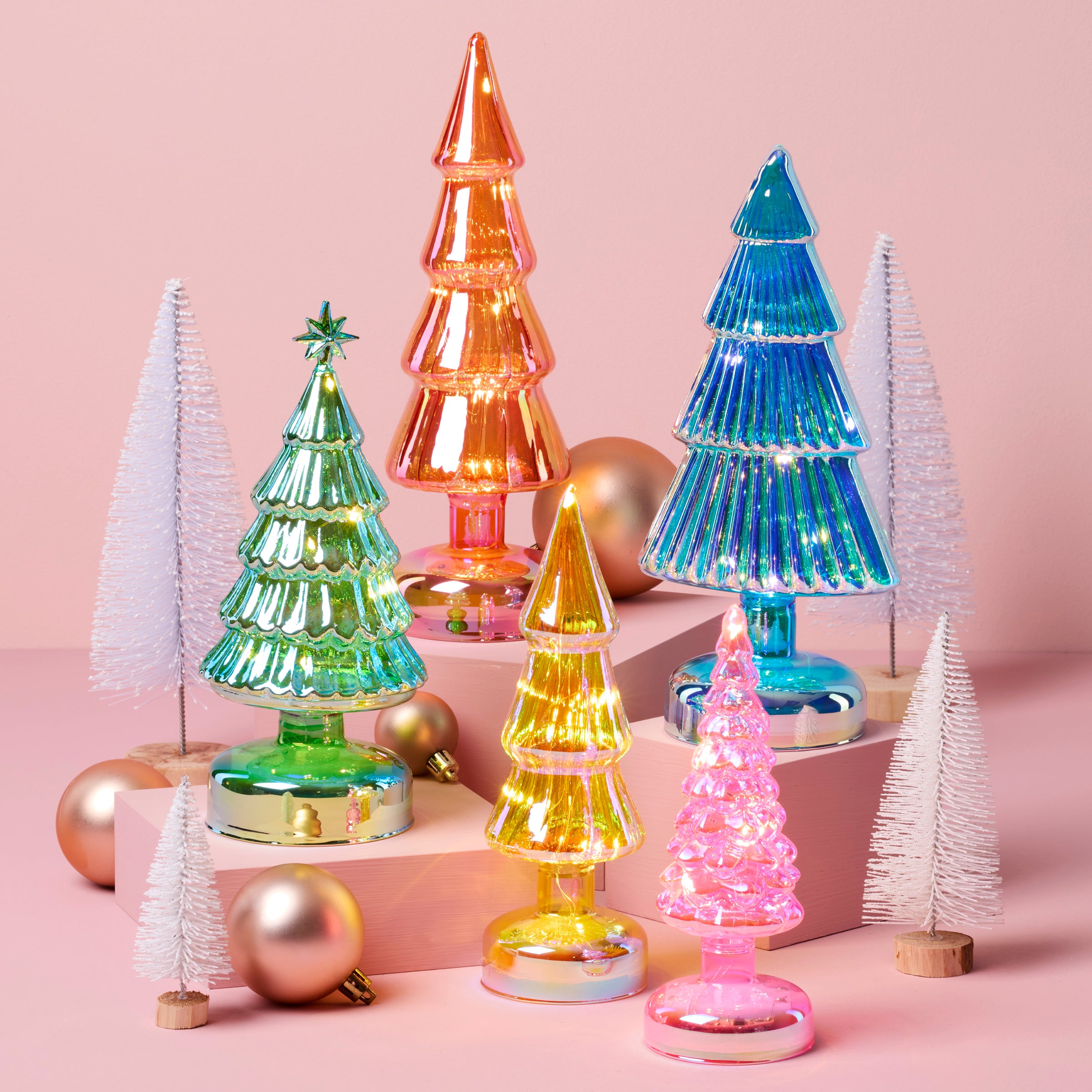 Colorful LED Holiday Trees 5-Piece Set for Mantel & Table Decor