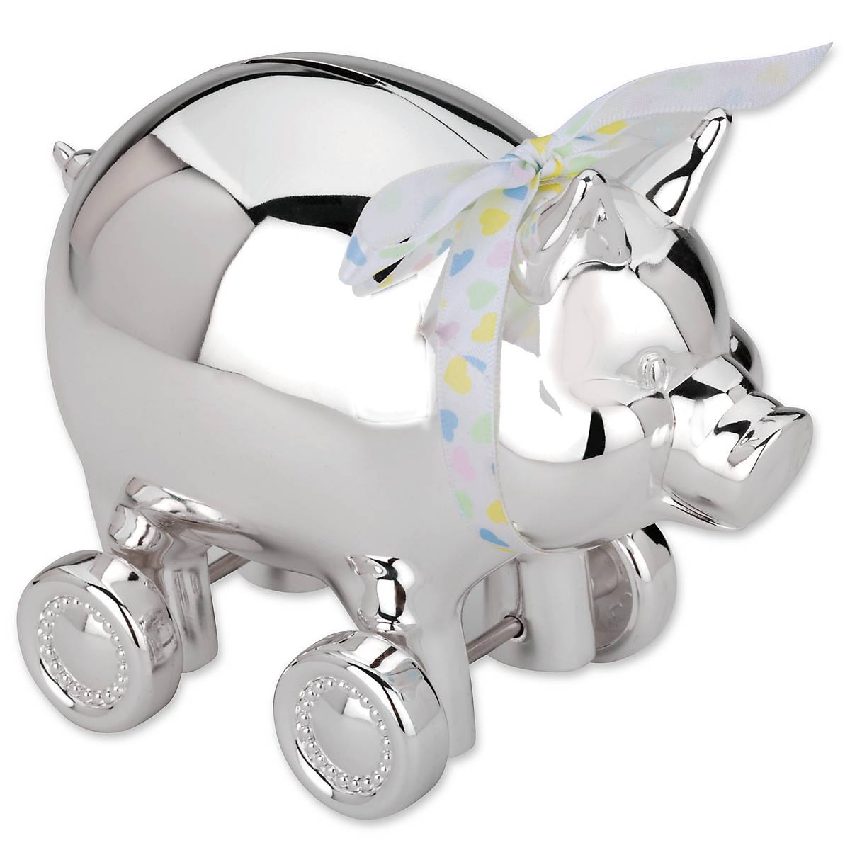 Silver Piggy Bank with Wheels & Ribbon | Classic Coin Bank