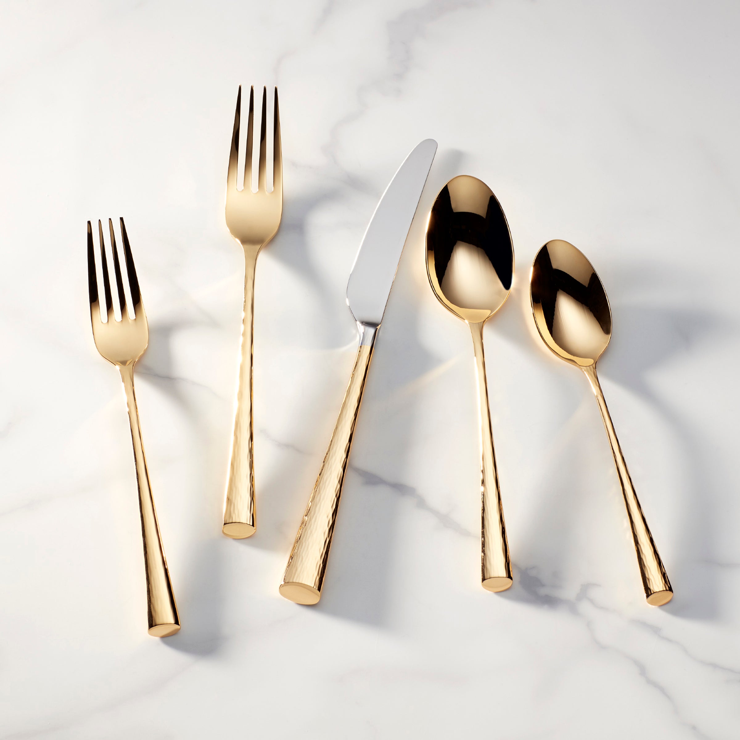 Golden Hammered Flatware Set - 5 Piece Place Setting | Imperial Caviar