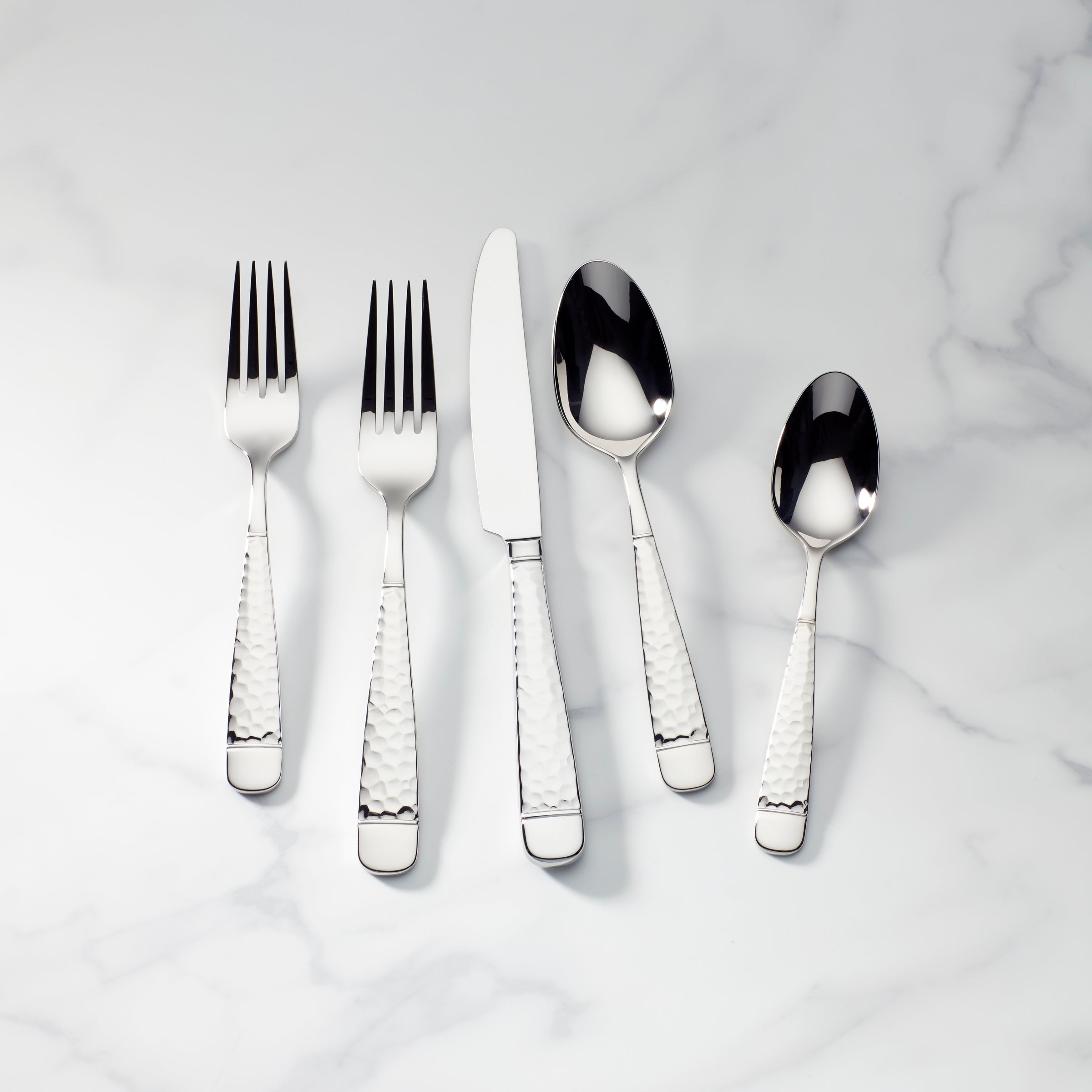 65-Piece Flatware Set with Hammered Finish | Eastwood Stainless Steel