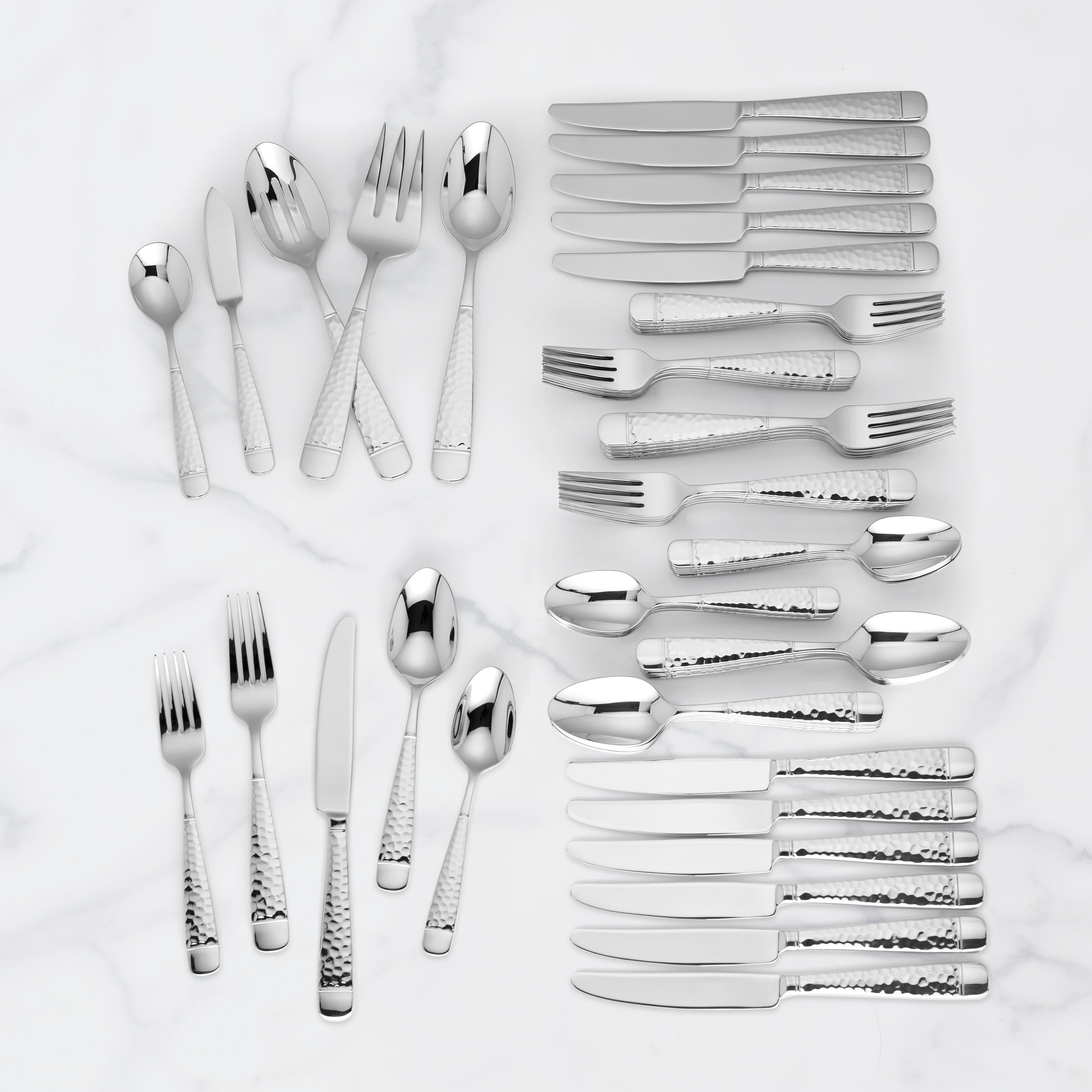 65-Piece Flatware Set with Hammered Finish | Eastwood Stainless Steel