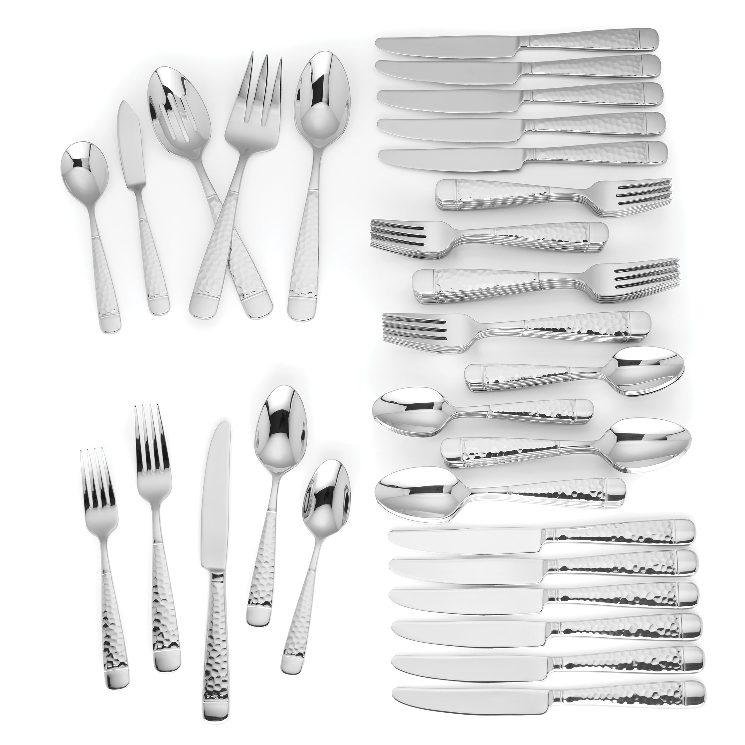 65-Piece Flatware Set with Hammered Finish | Eastwood Stainless Steel