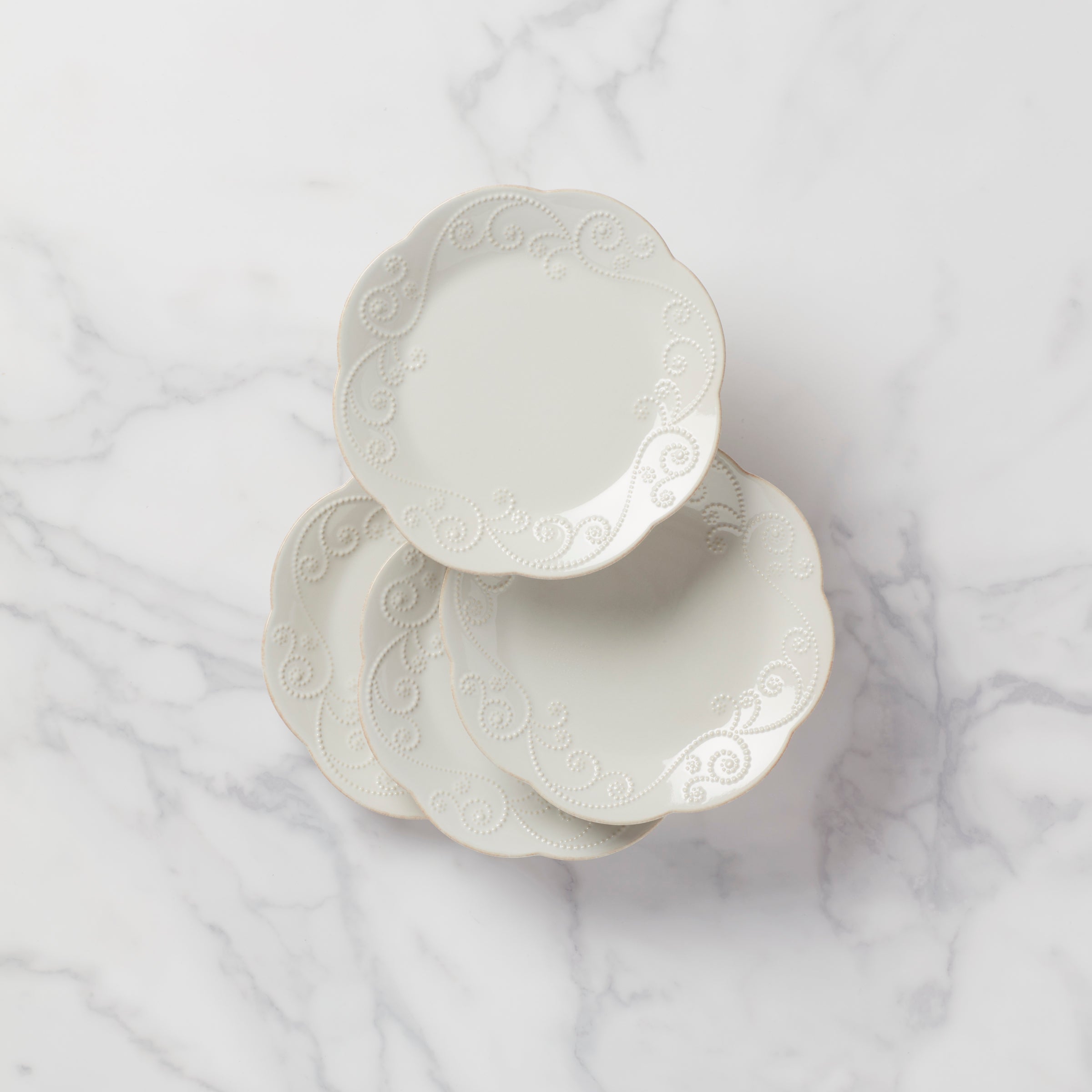 French White Ceramic Dessert Plates Set of 4 | Rustic Scalloped Edge
