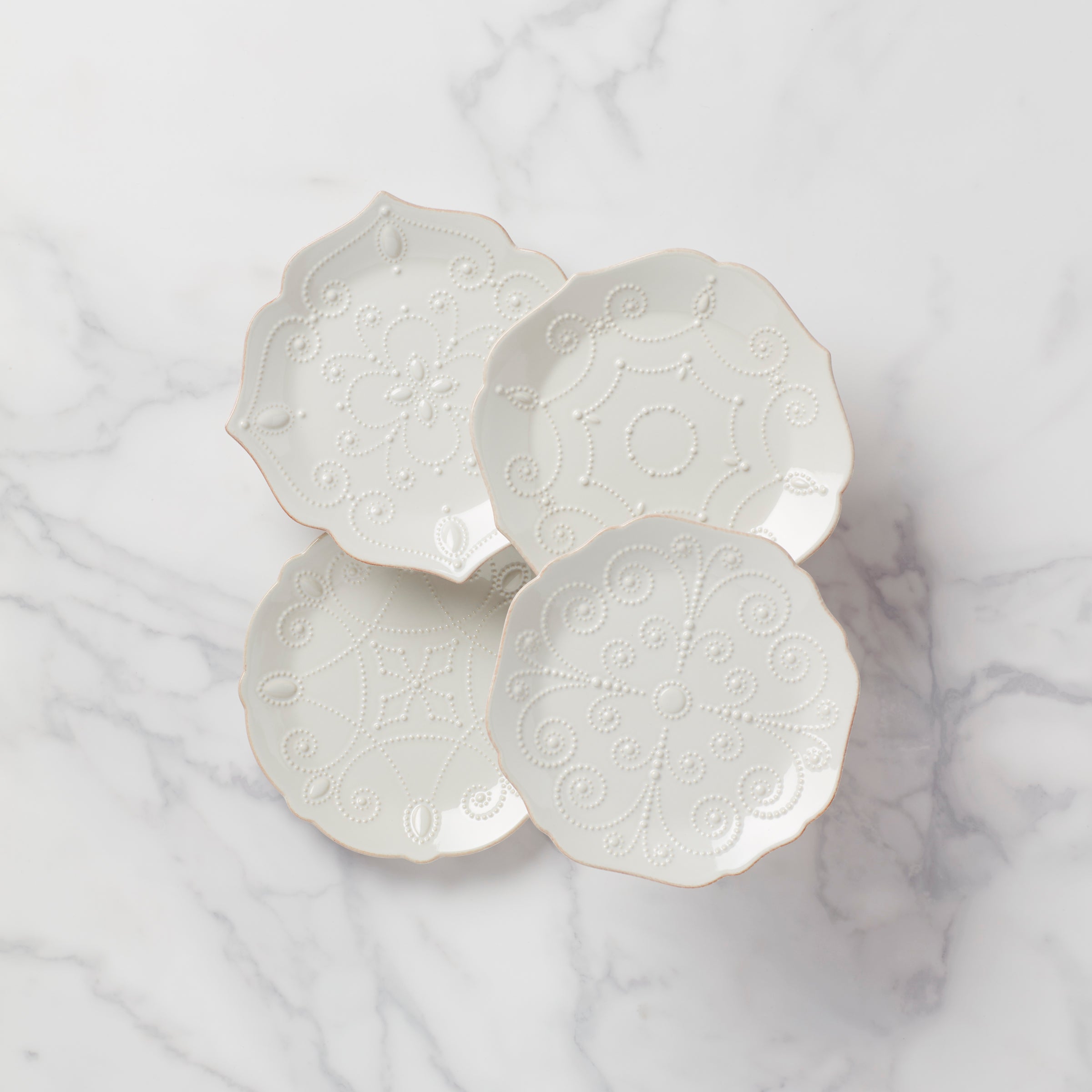 French White Ceramic Dessert Plates Set of 4 | Rustic Scalloped Edge