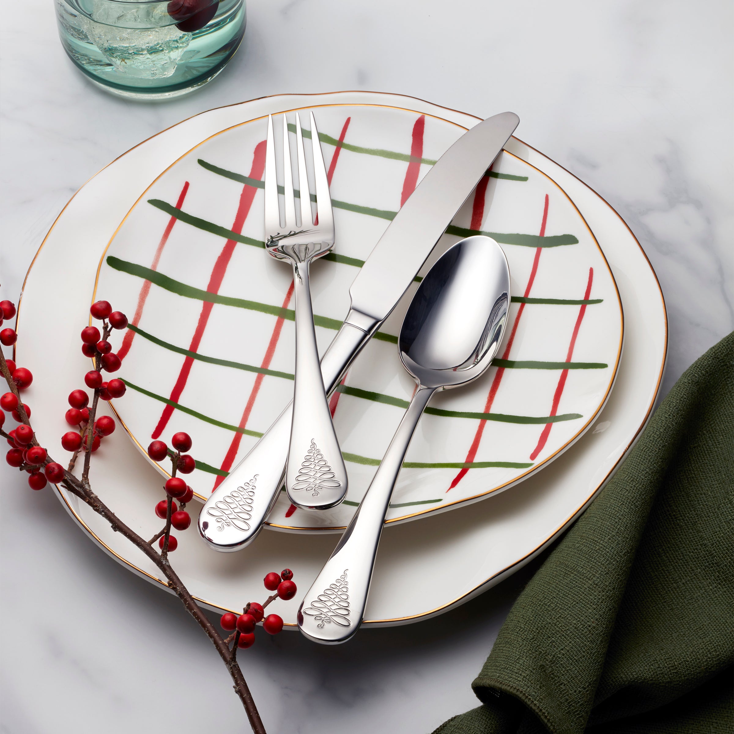 65-Piece Flatware Set with Evergreen Tree Design | Noella