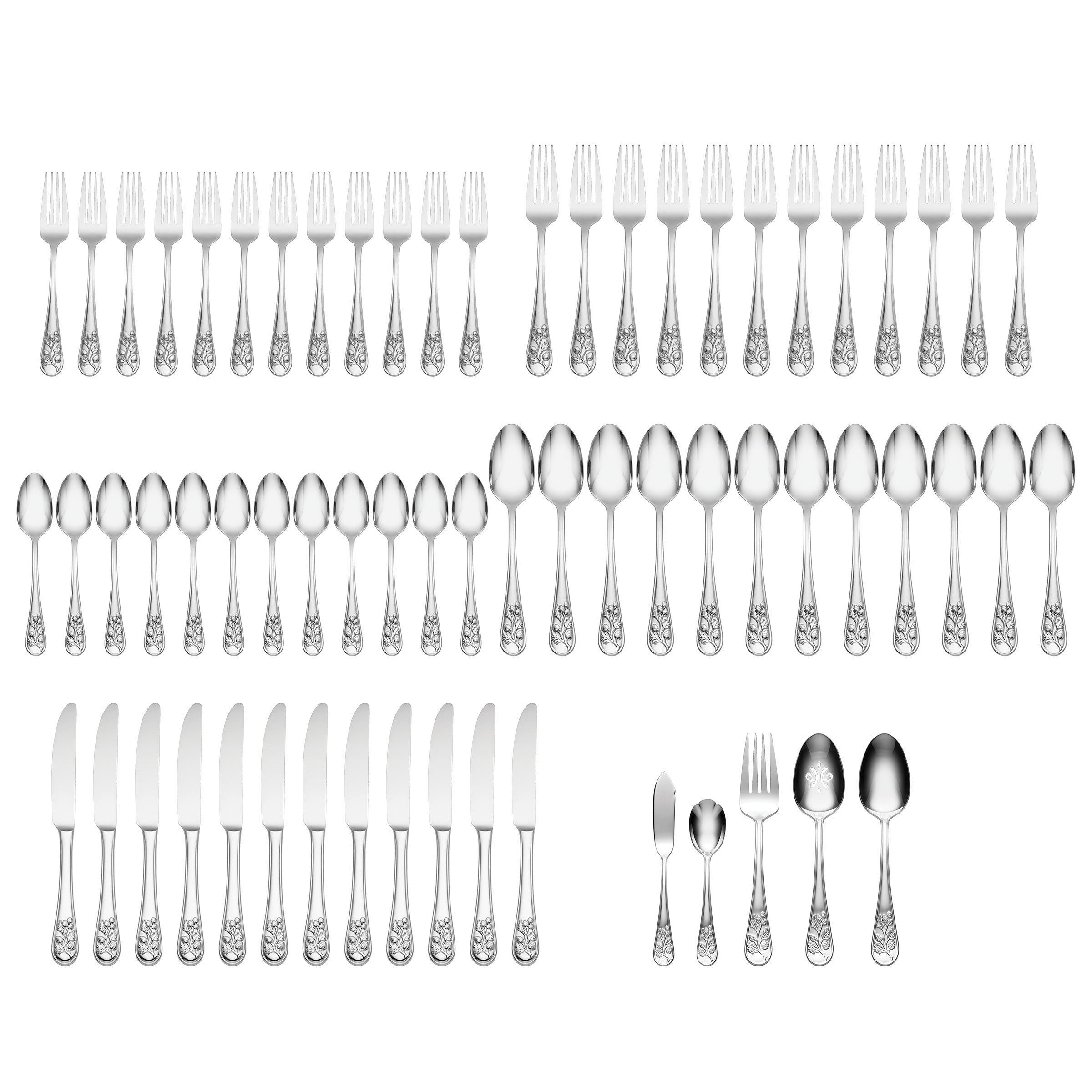 65-Piece Flatware Set with Textured Handles & Nature Motif | Chestnut Ridge
