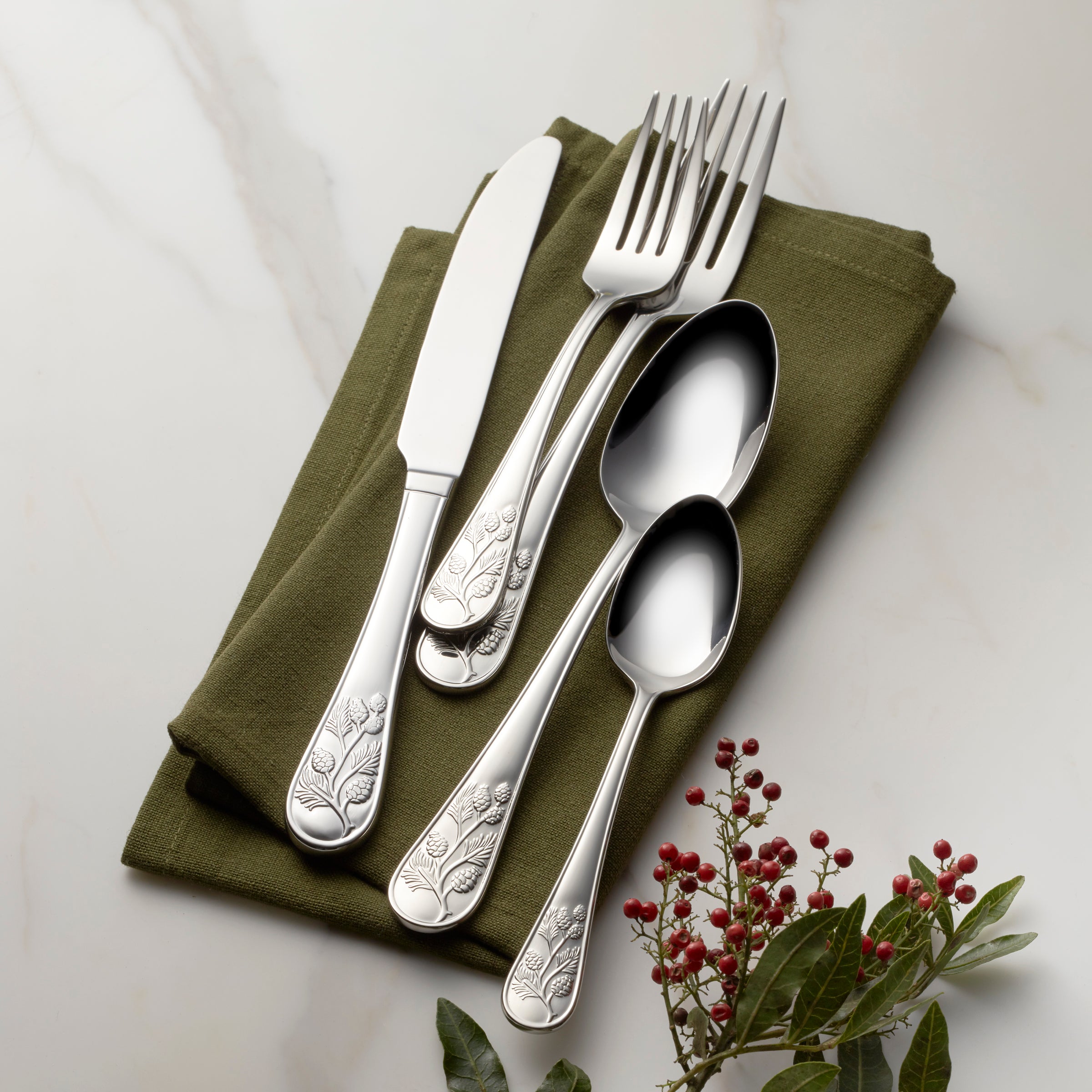 65-Piece Flatware Set with Textured Handles & Nature Motif | Chestnut Ridge