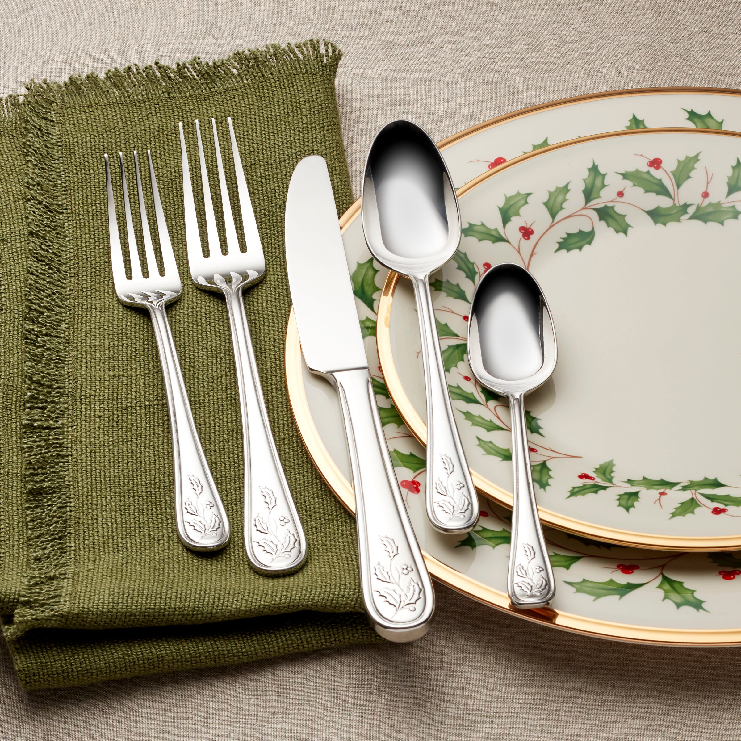 Holiday Flatware Set 65-Piece with Holly & Berry Design