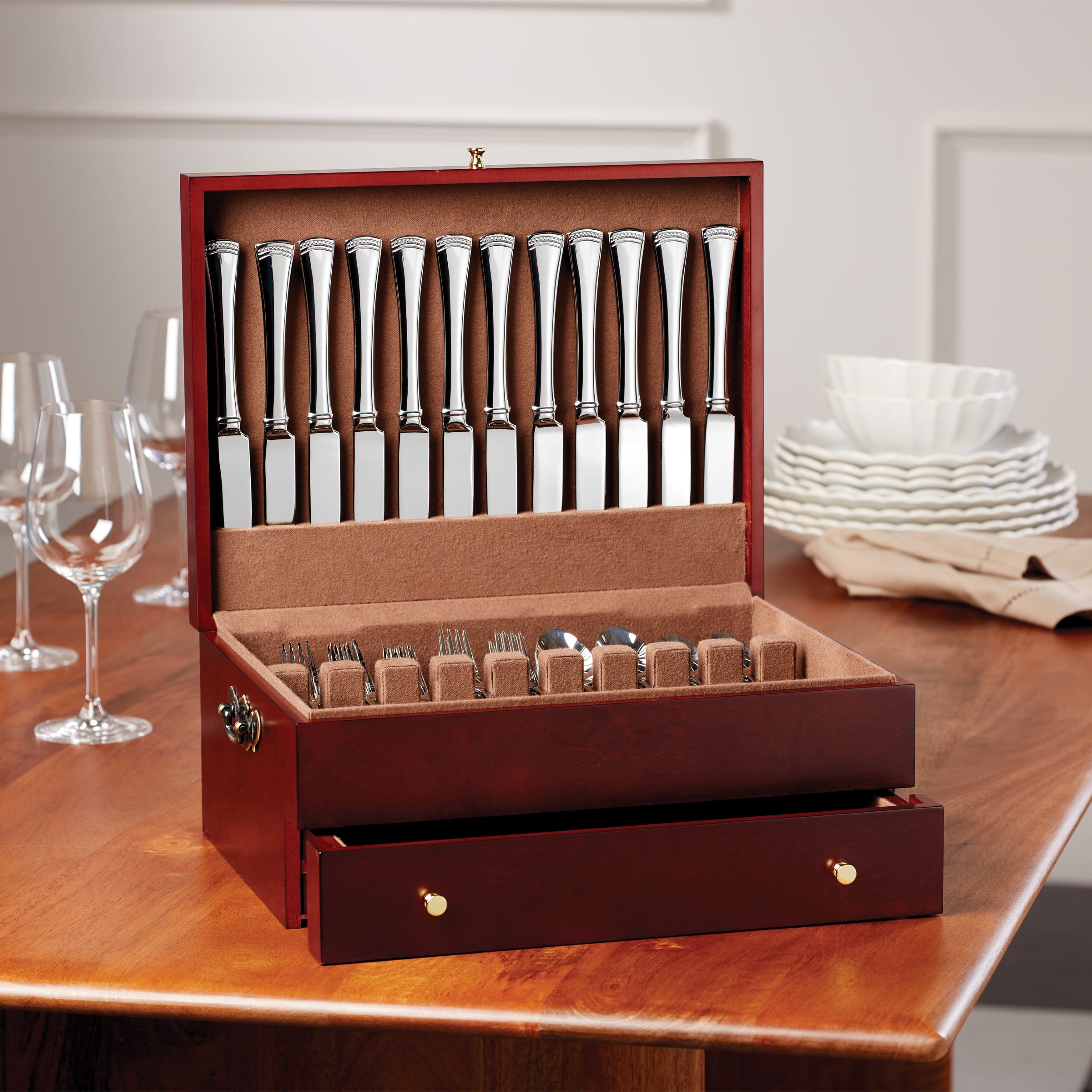 Mahogany Flatware Chest with 120-Utensil Storage | Elegant Dining Organizer
