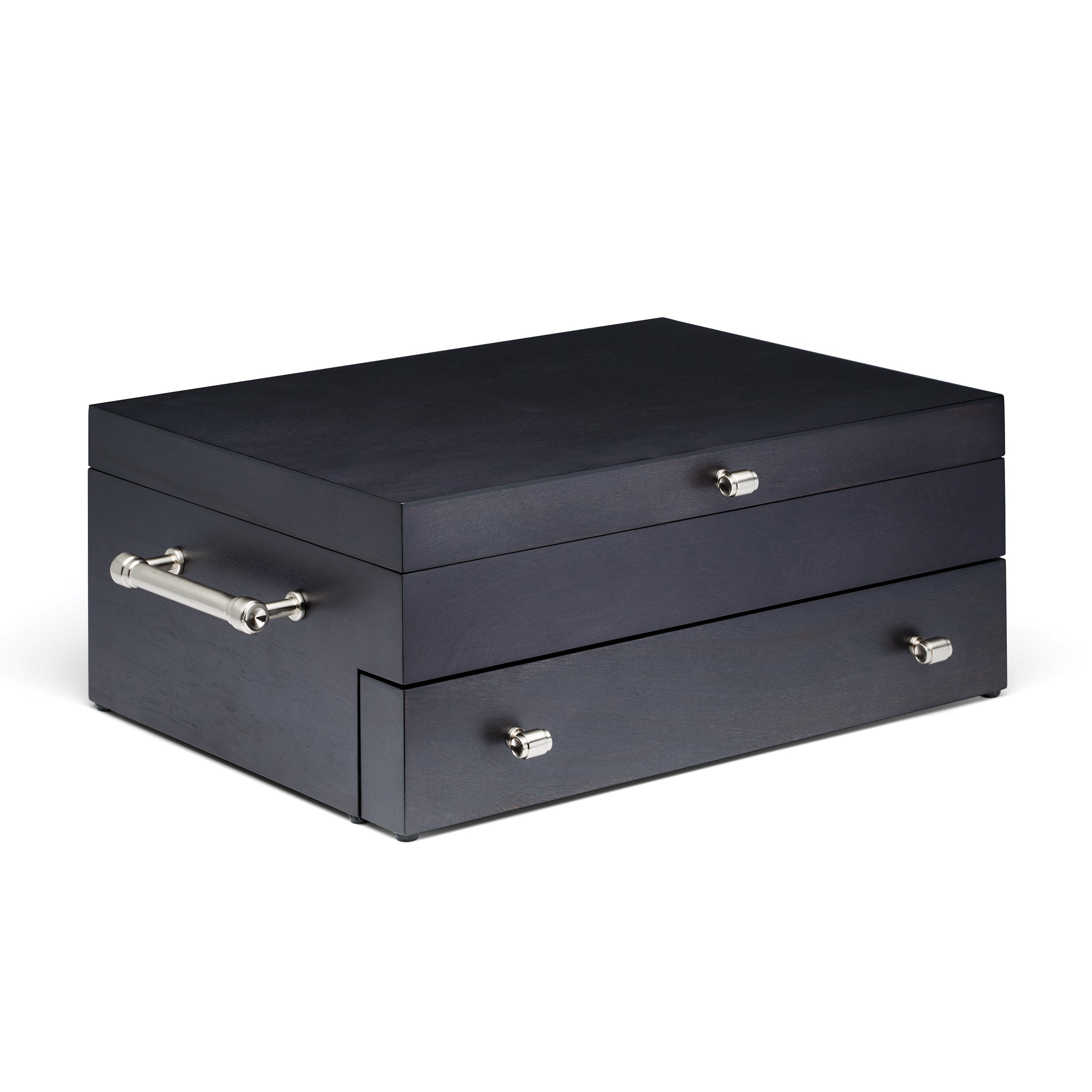 2-Tier Wood Flatware Chest with Pullout Drawer & Cloth Lining | Charcoal Finish