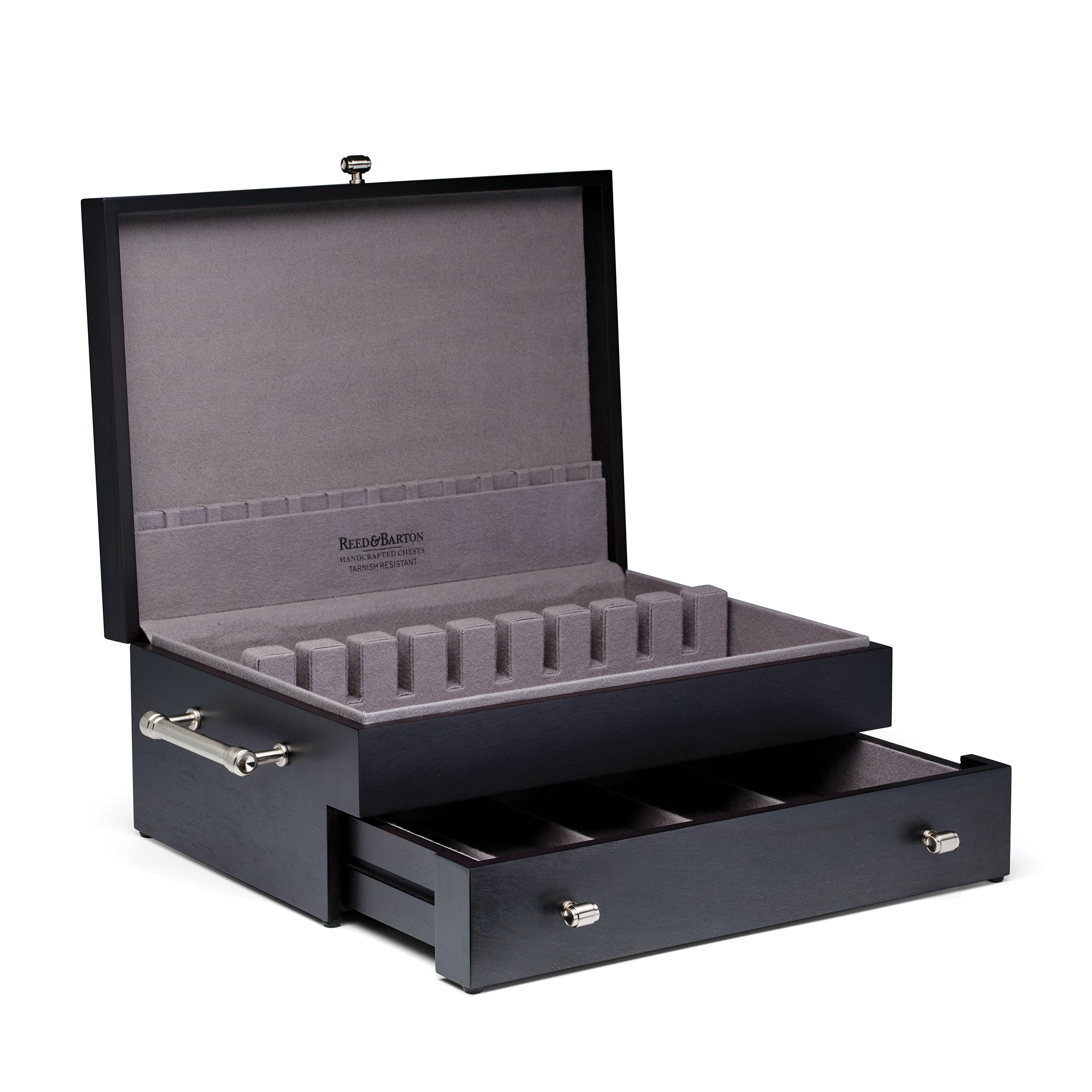 2-Tier Wood Flatware Chest with Pullout Drawer & Cloth Lining | Charcoal Finish