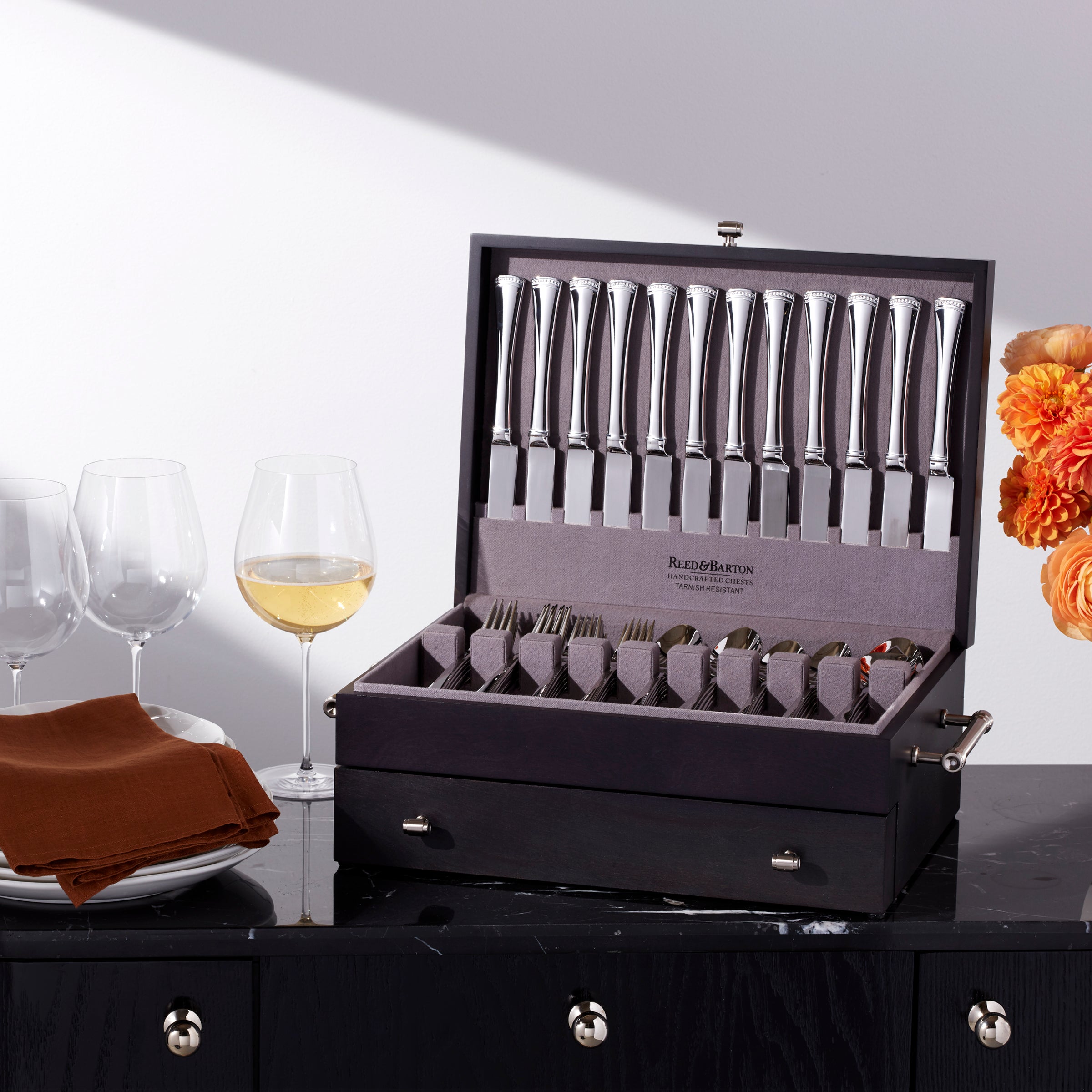2-Tier Wood Flatware Chest with Pullout Drawer & Cloth Lining | Charcoal Finish