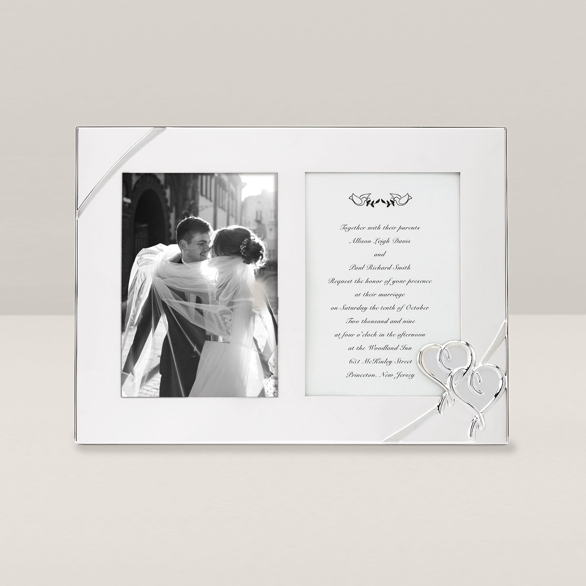 Silver-Plated Wedding Invitation Frame with Interlaced Hearts | True Love