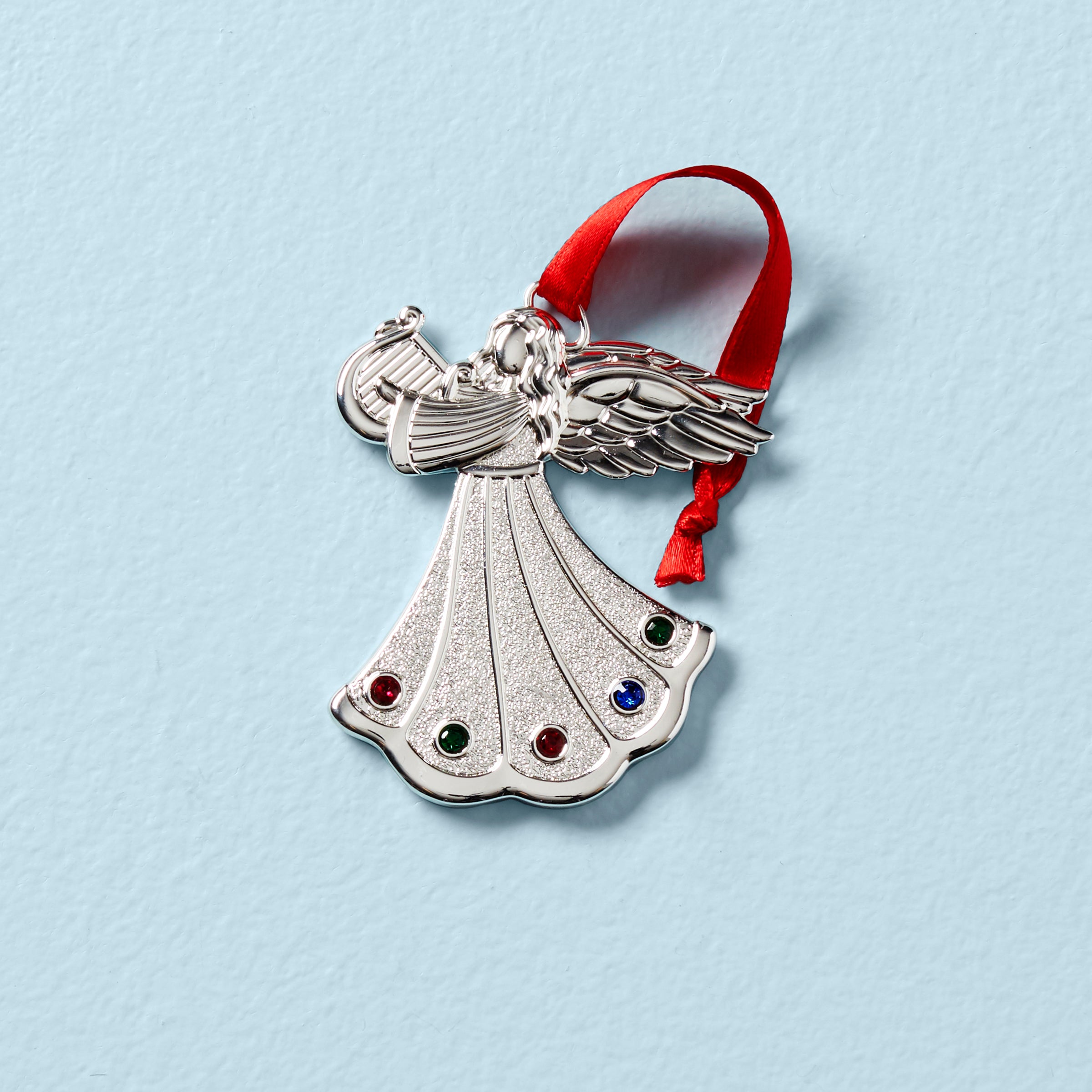Silver Angel Charm Ornament with Multicolored Gems | Jeweled Keepsake
