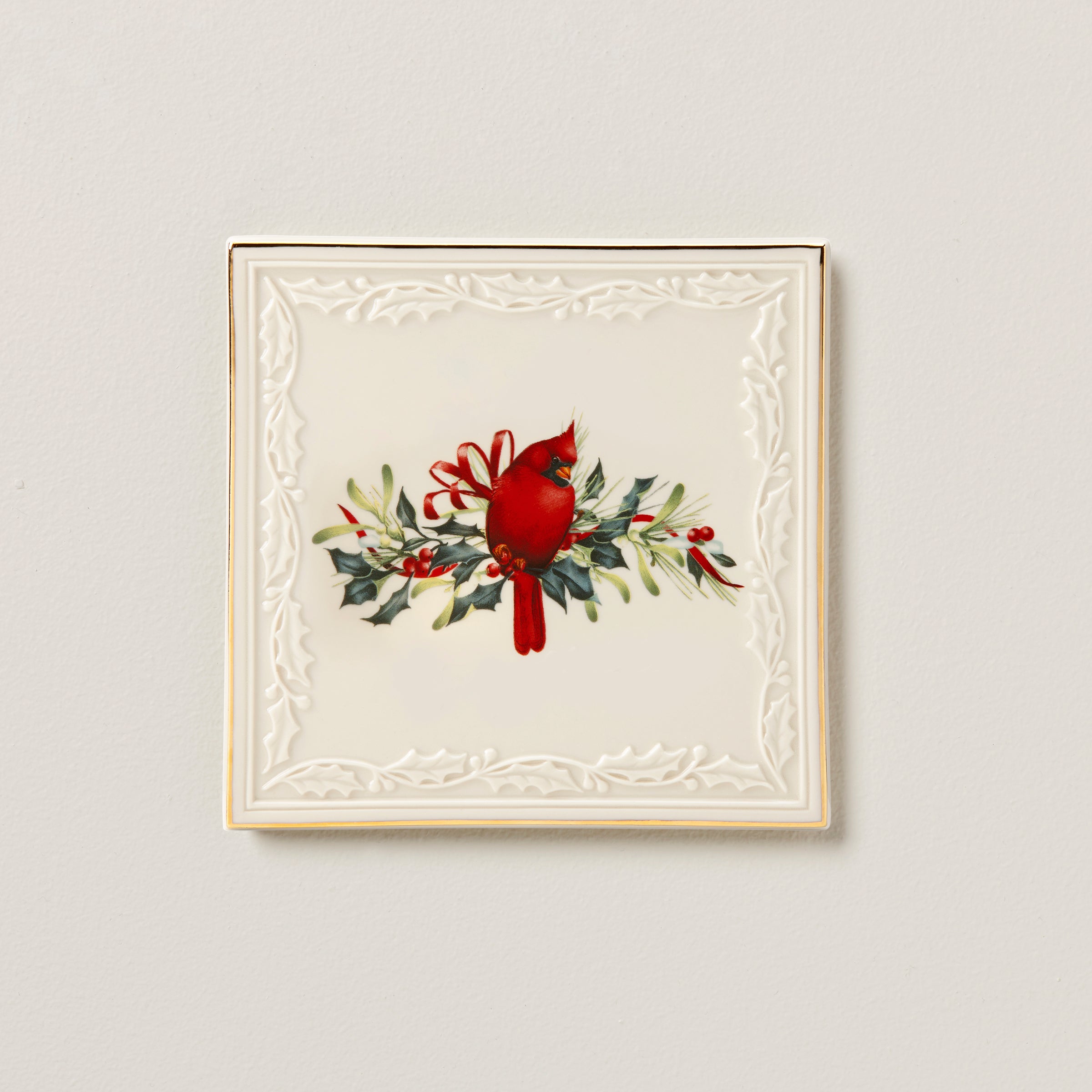Porcelain Winter Greetings Trivet with Cardinal Design | Holiday Table Decor