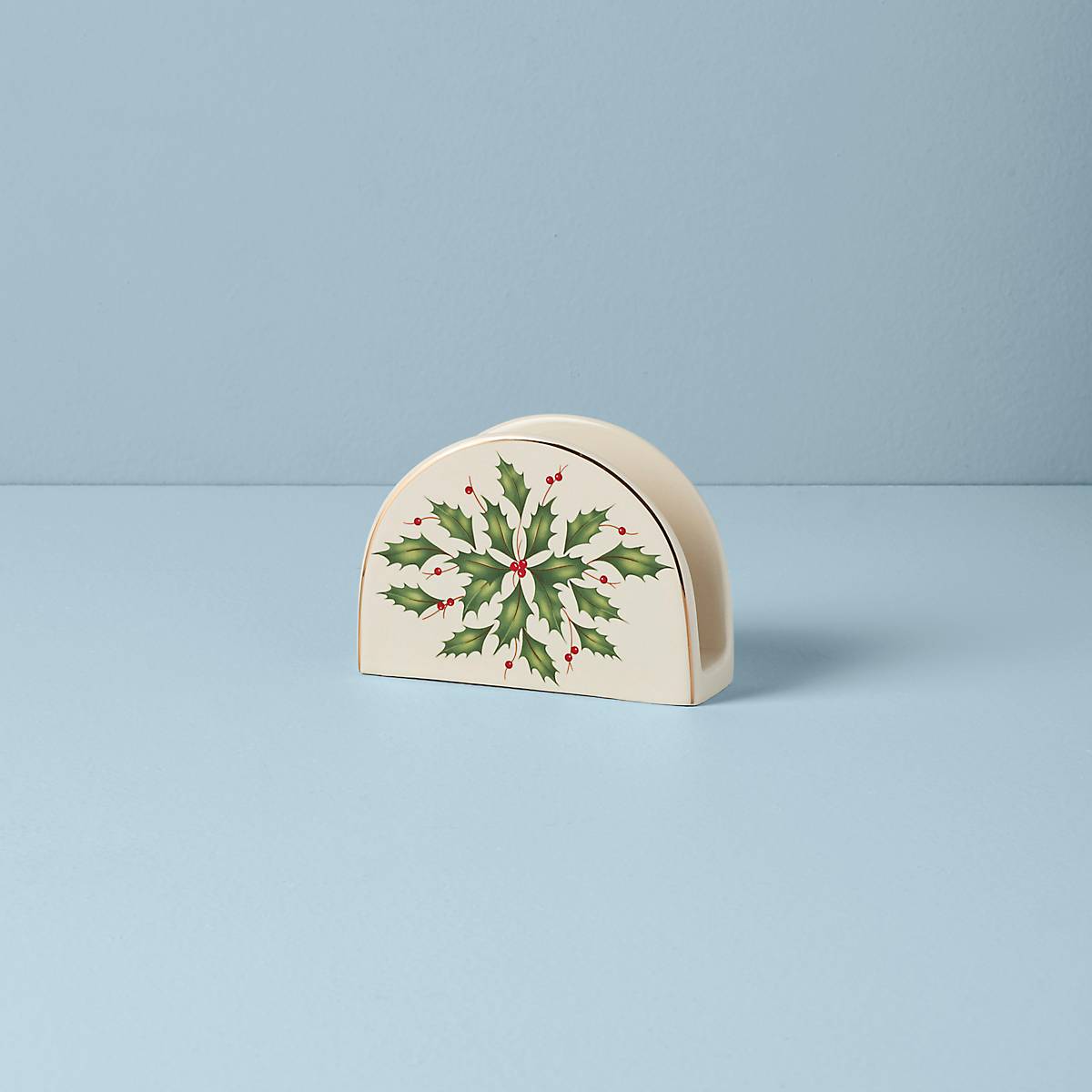 Holiday Napkin Holder with Holly Leaf Motif & Gold Accents