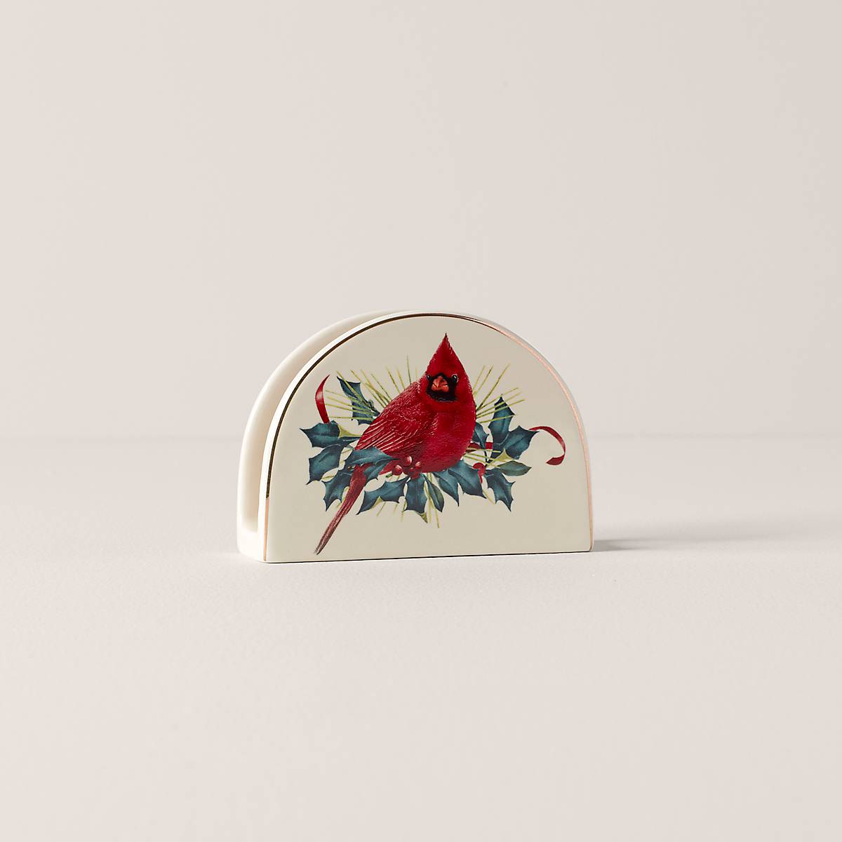 Porcelain Napkin Holder with Gold Accents & Cardinal Design | Winter Greetings