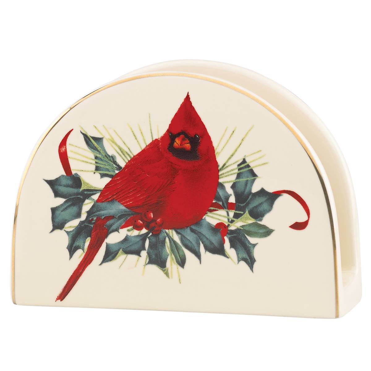 Porcelain Napkin Holder with Gold Accents & Cardinal Design | Winter Greetings
