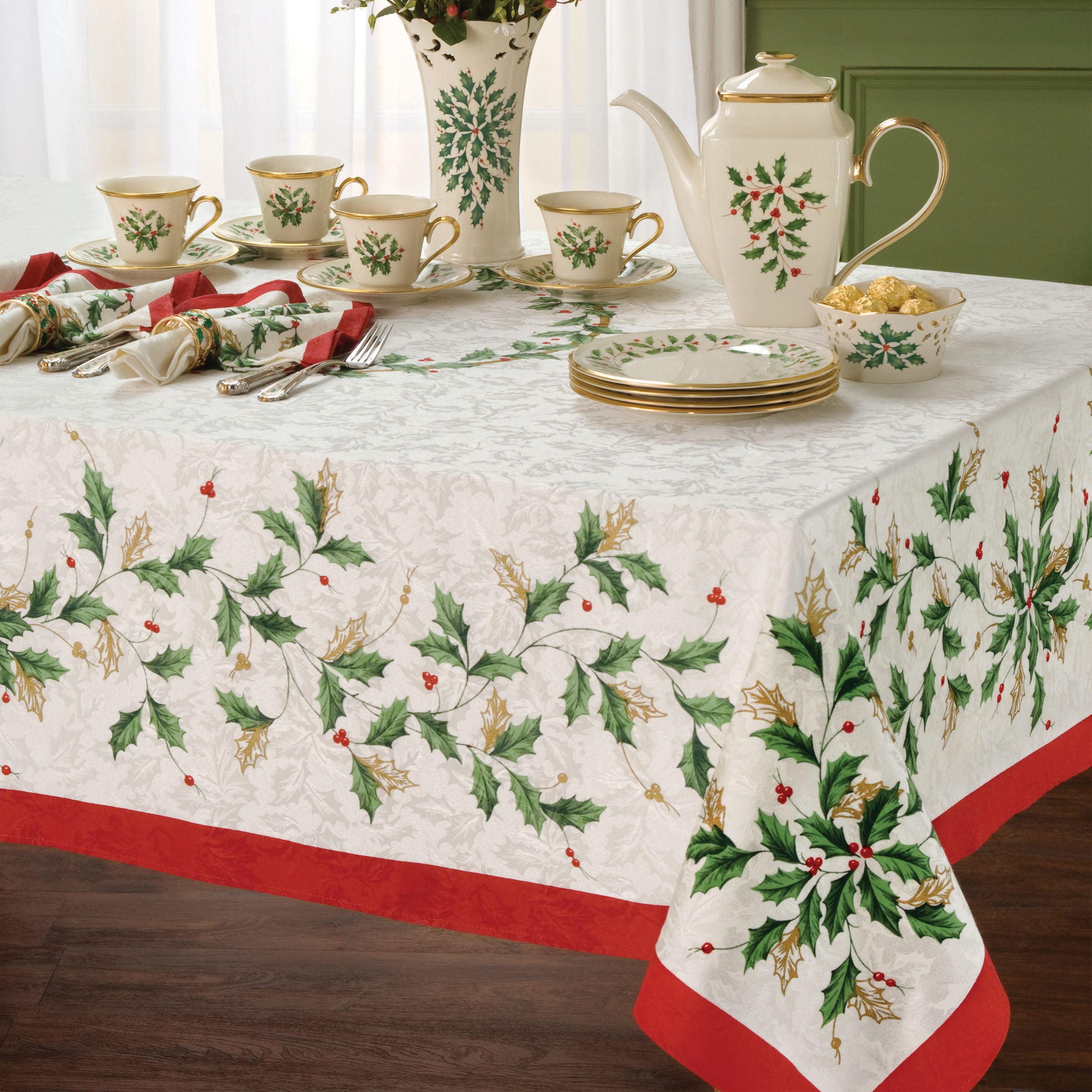 Festive Holiday Tablecloth 60x84 Inches with Holly & Berry Pattern